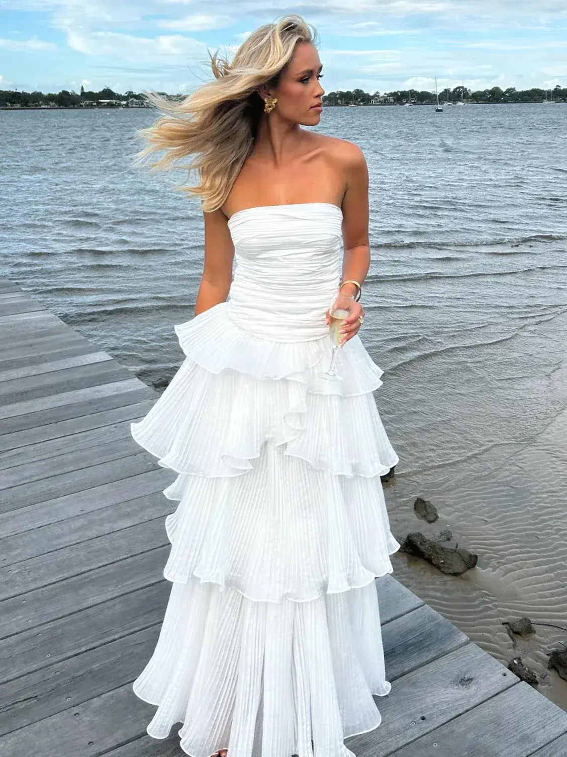 Aje Cosmos Sunbream Ruched Bustier in Size 8 and Tiered Maxi Skirt in Size 10 White - Image 2