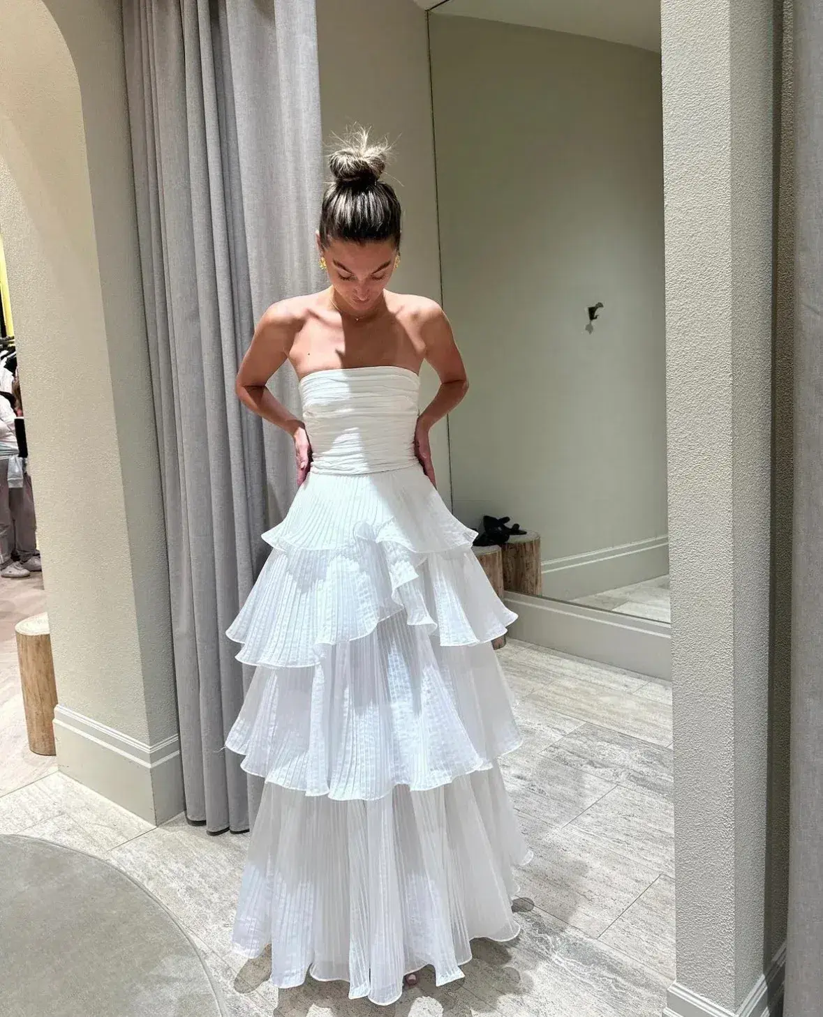 Aje Cosmos Sunbream Ruched Bustier in Size 8 and Tiered Maxi Skirt in Size 10 White - Image 1