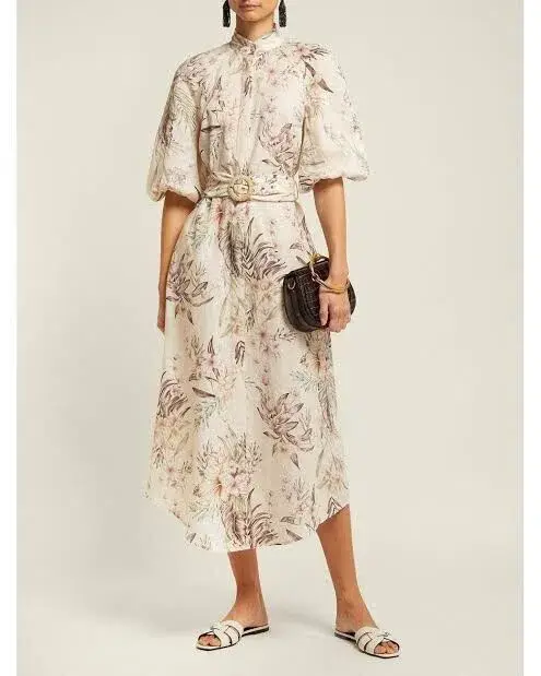 Zimmermann Wayfarer Puff Sleeve Linen Day Tea Shirt Dress Cream Floral Size 2 / AU 12 - Image 4