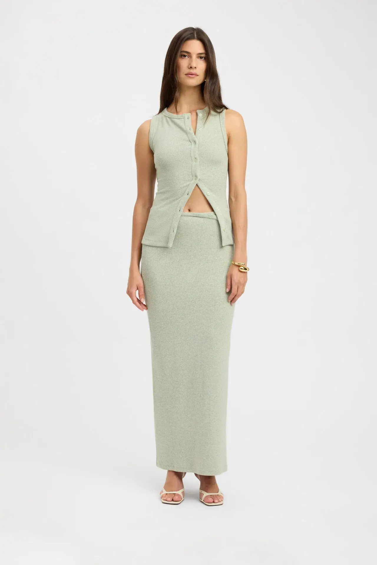 Kookai Bec Button Tank Size 36 and Carter Maxi Skirt Set Size 34 Sage Marle - Image 1