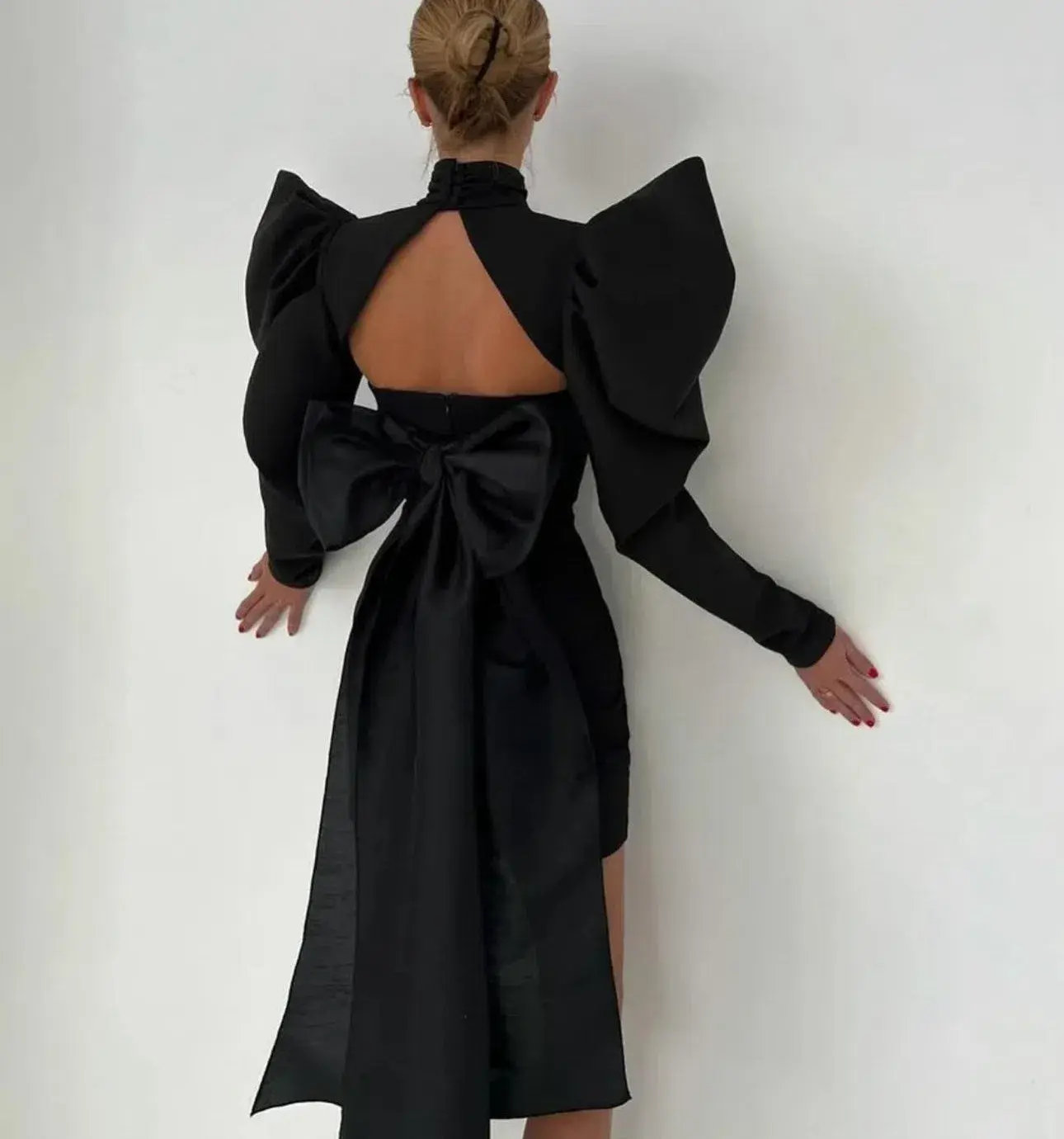 Removable Bow Mini Dress with Detachable Sleeve Black Size 6 - Image 2