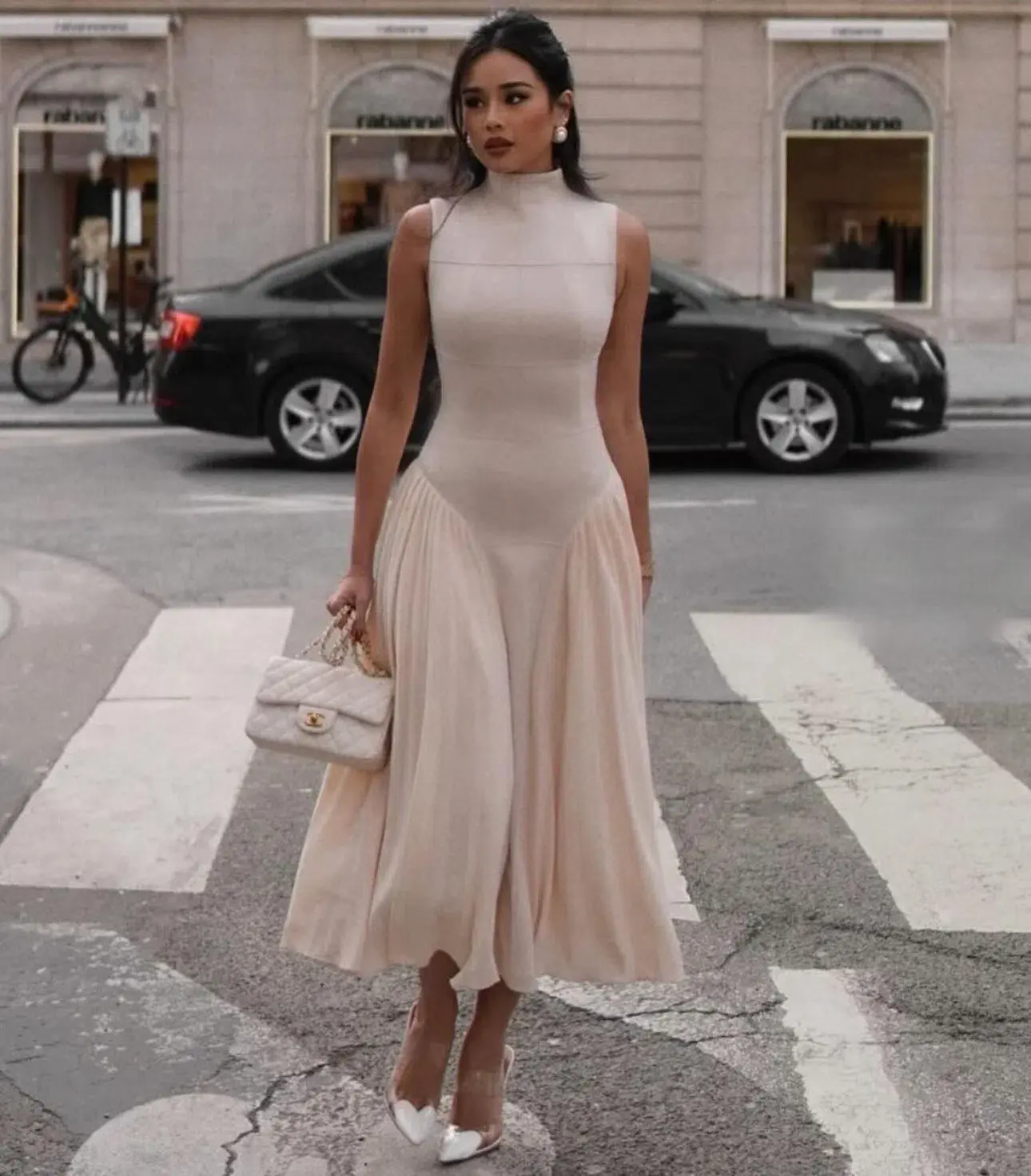 High Neck Pleated Skirt Midi Dress Cream Size 8 - Image 1