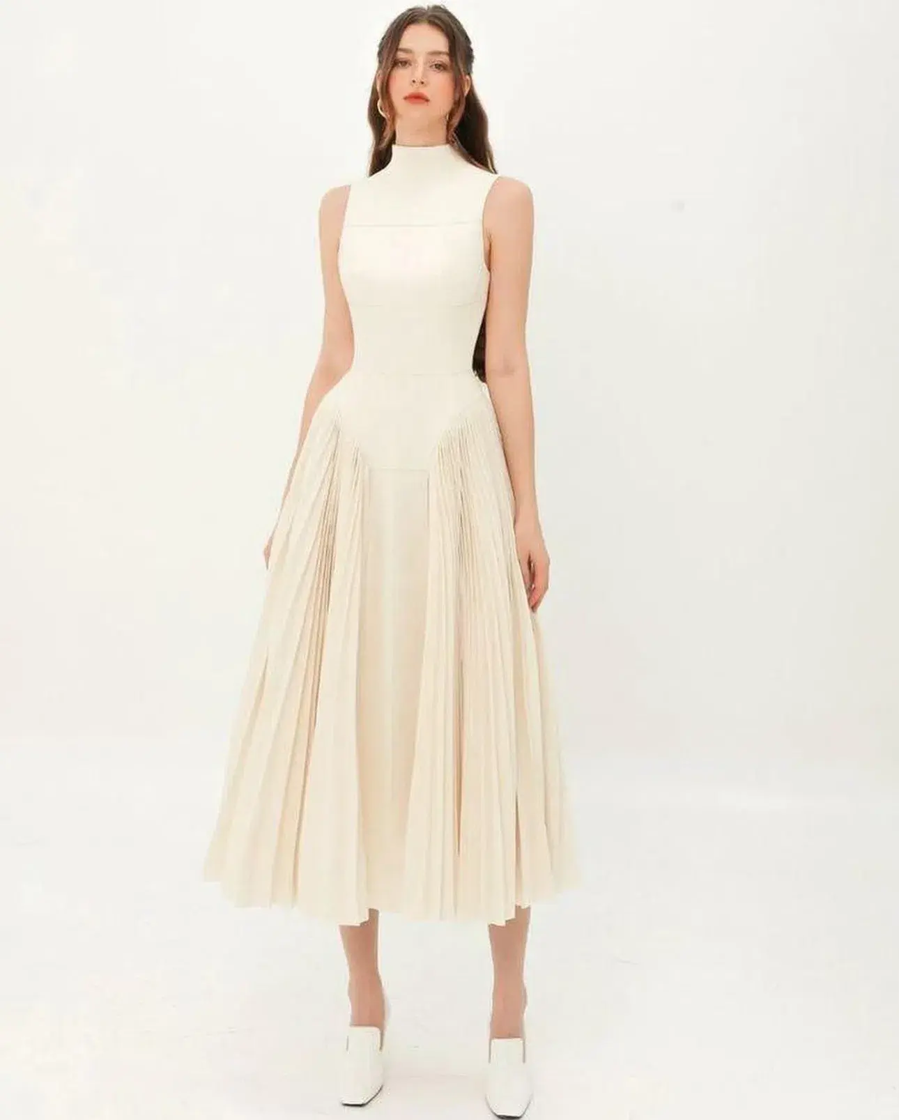High Neck Pleated Skirt Midi Dress Cream Size 8 - Image 4