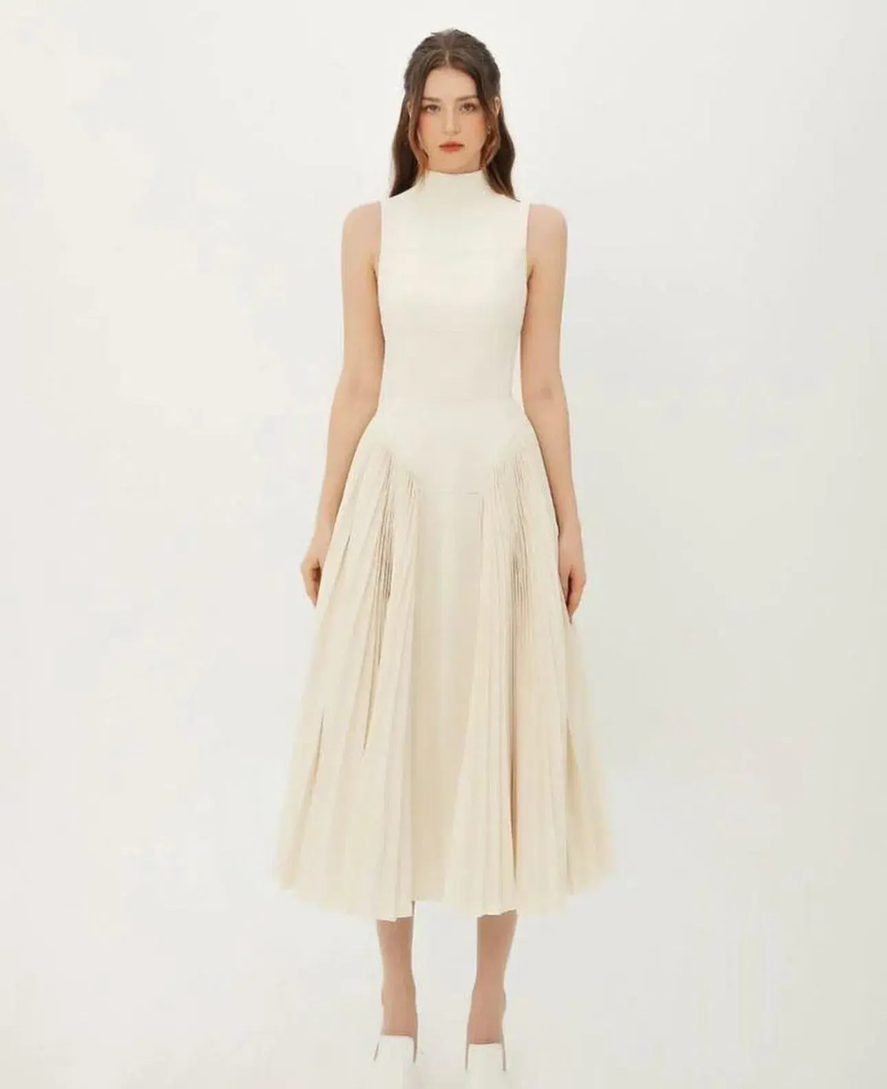 High Neck Pleated Skirt Midi Dress Cream Size 8 - Image 3