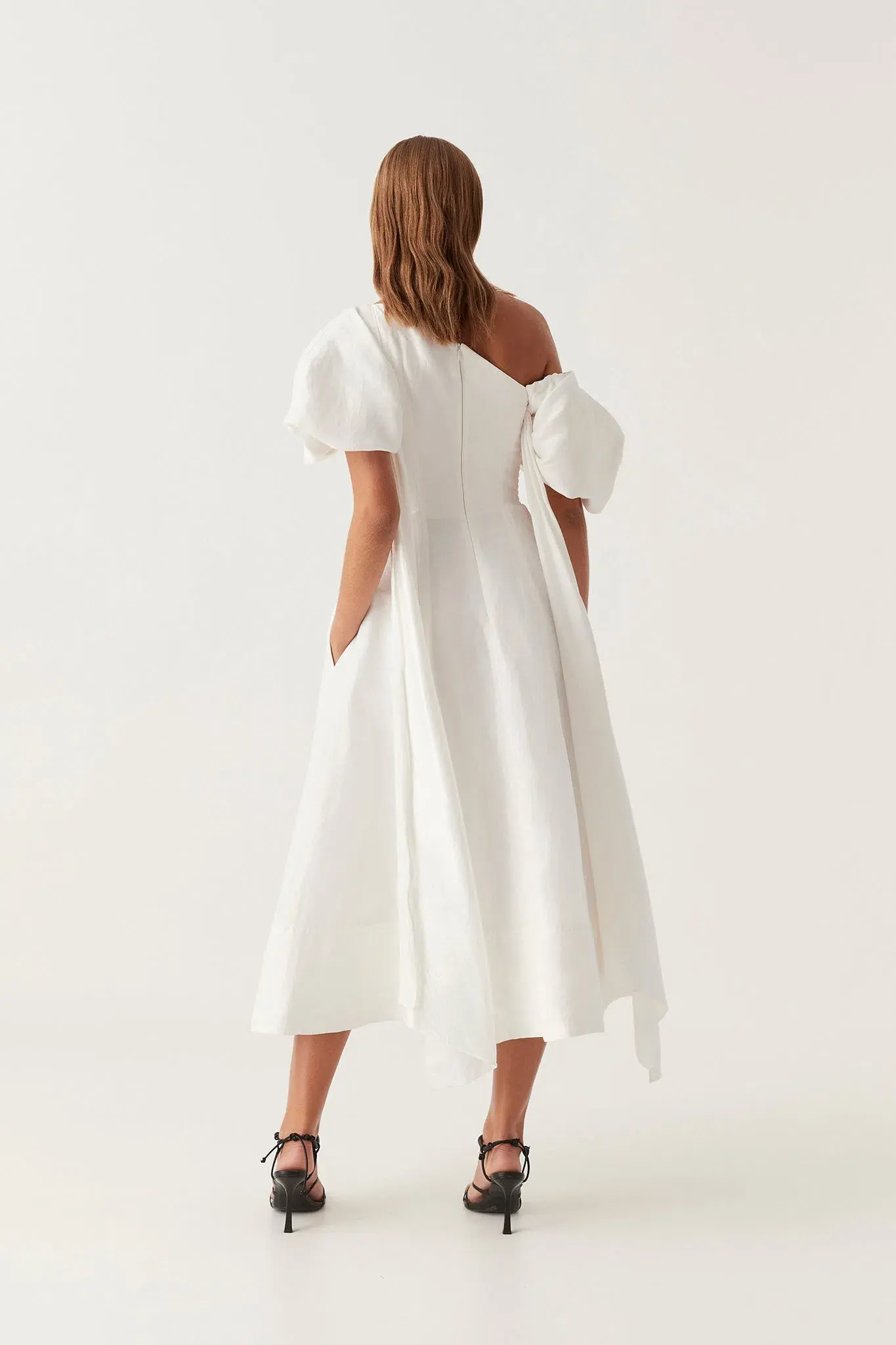 Aje Arista Asymmetrical Tulip Sleeve Midi Dress Ivory Size 8 - Image 4