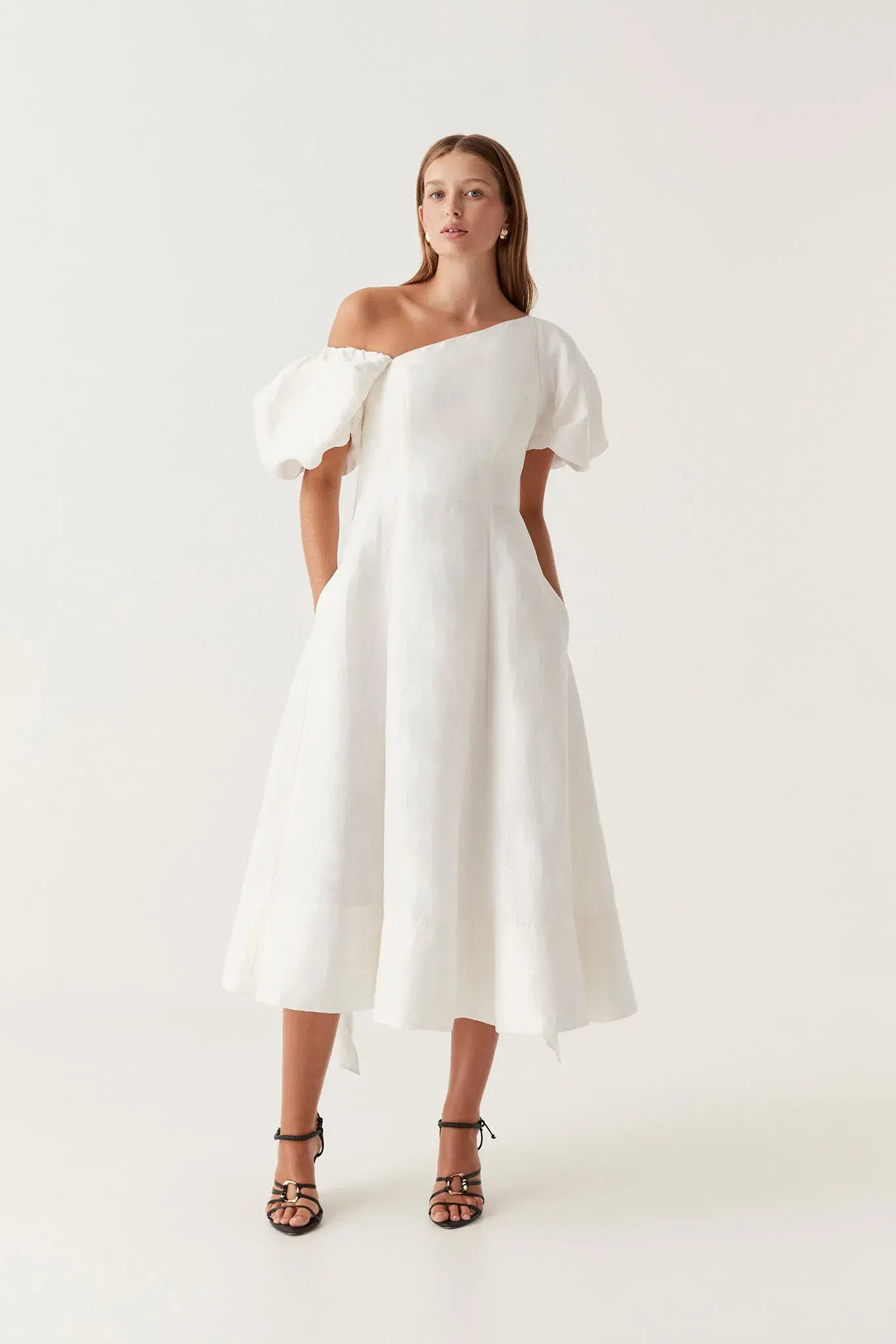 Aje Arista Asymmetrical Tulip Sleeve Midi Dress Ivory Size 8 - Image 2