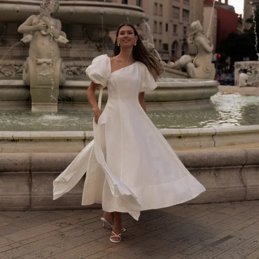 Aje Arista Asymmetrical Tulip Sleeve Midi Dress Ivory Size 8 - Image 1
