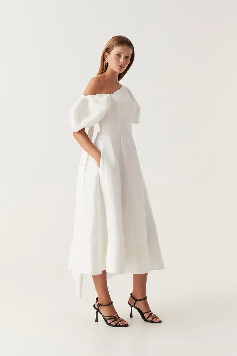 Aje Arista Asymmetrical Tulip Sleeve Midi Dress Ivory Size 8 - Image 3