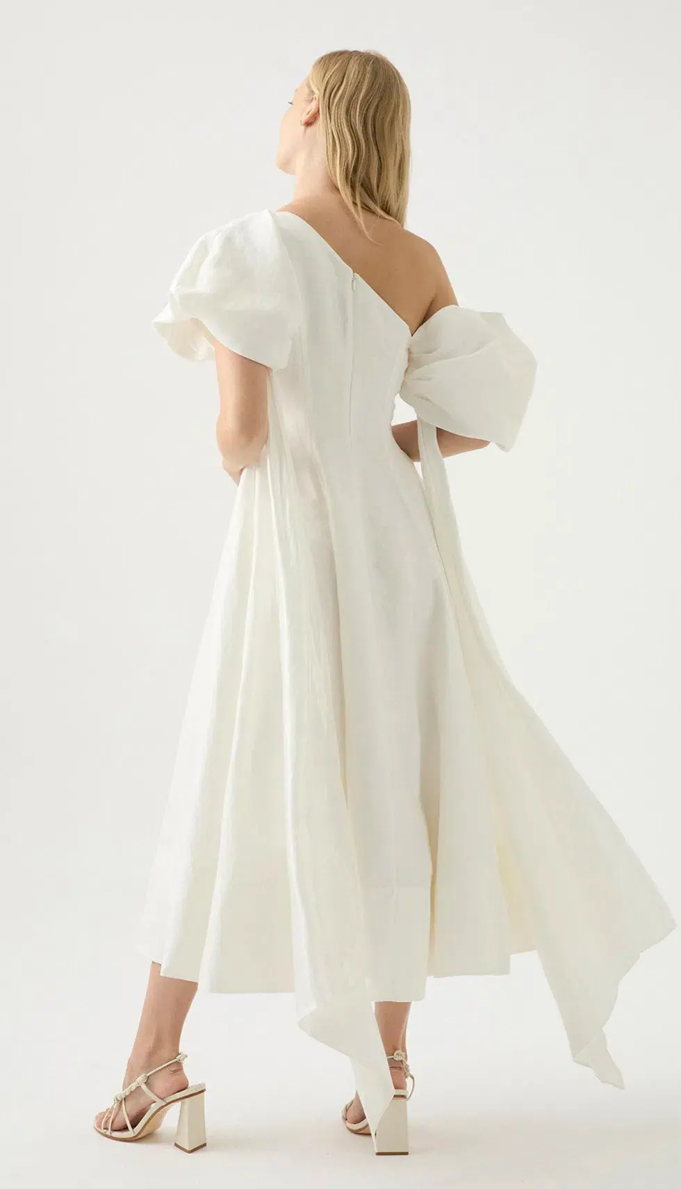 Aje Arista Asymmetrical Tulip Sleeve Midi Dress Ivory Size 8 - Image 5