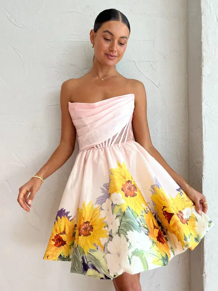 Leo Lin Katy Bustier Mini Dress Sunflower Print in Pink Size 8 - Image 2