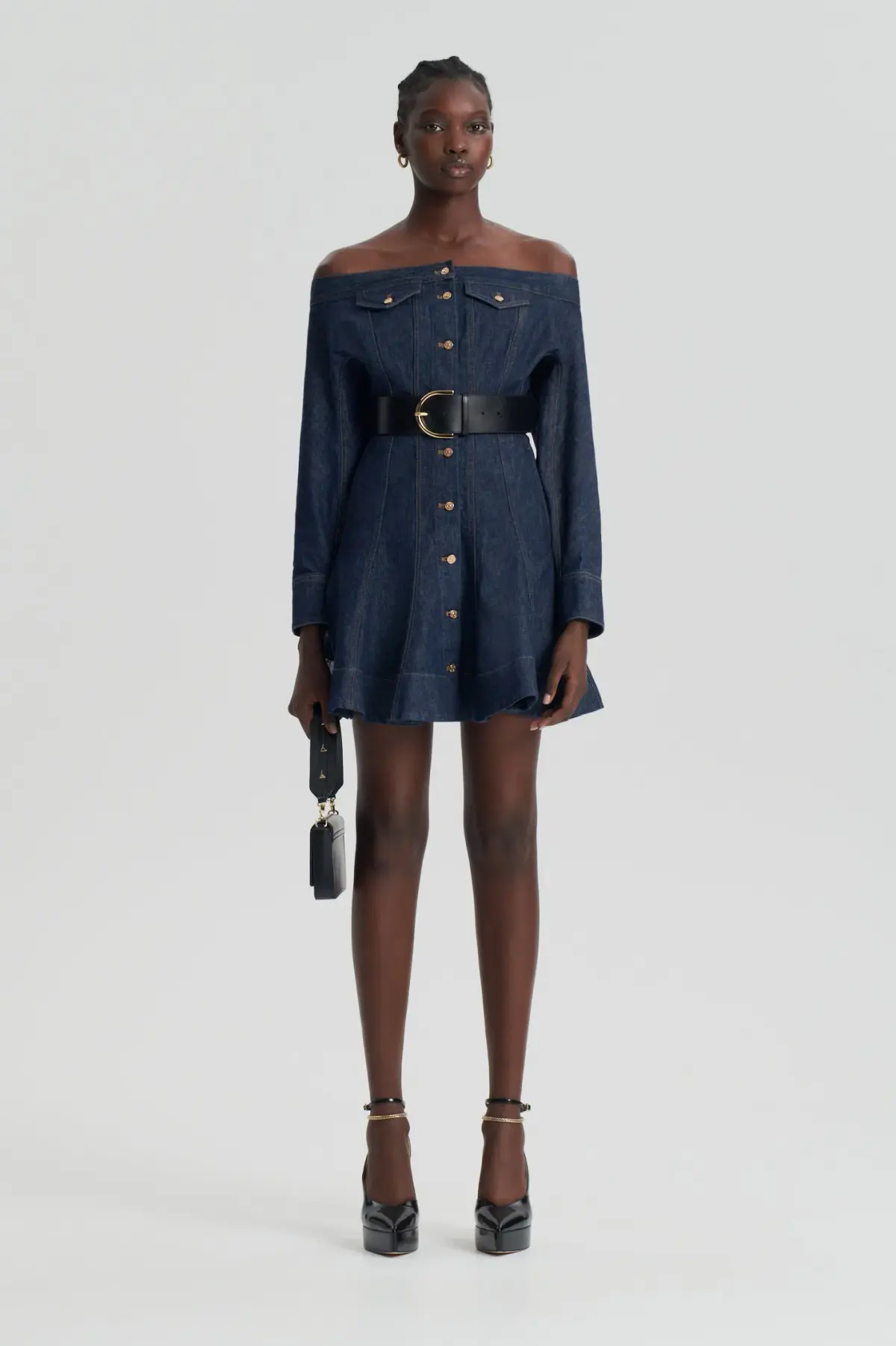 Scanlan Theodore Denim Skater Off Shoulder Mini Dress Indigo Size 8 - Image 2