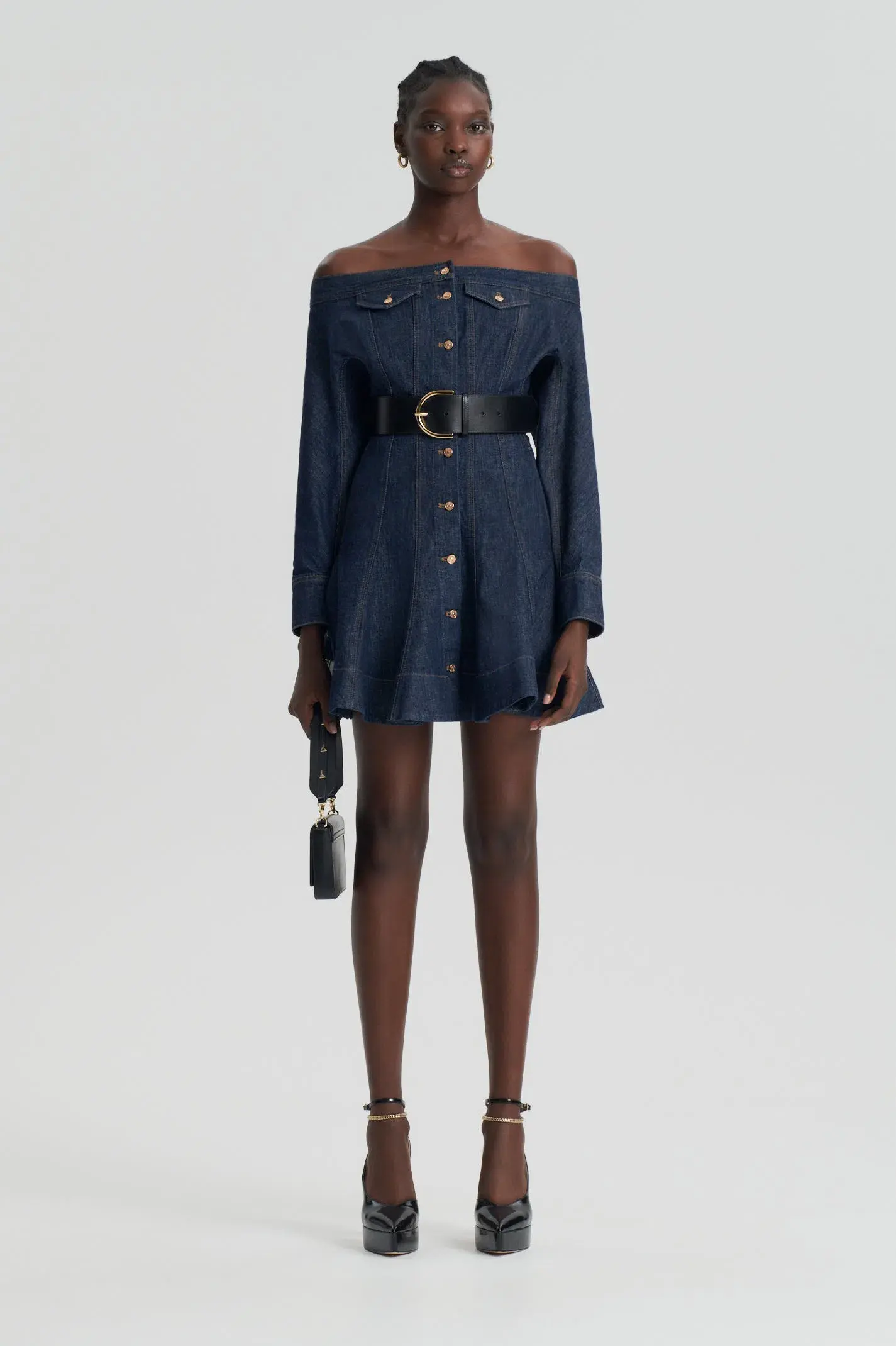 Scanlan Theodore Denim Skater Off Shoulder Mini Dress Indigo Size 8 - Image 2