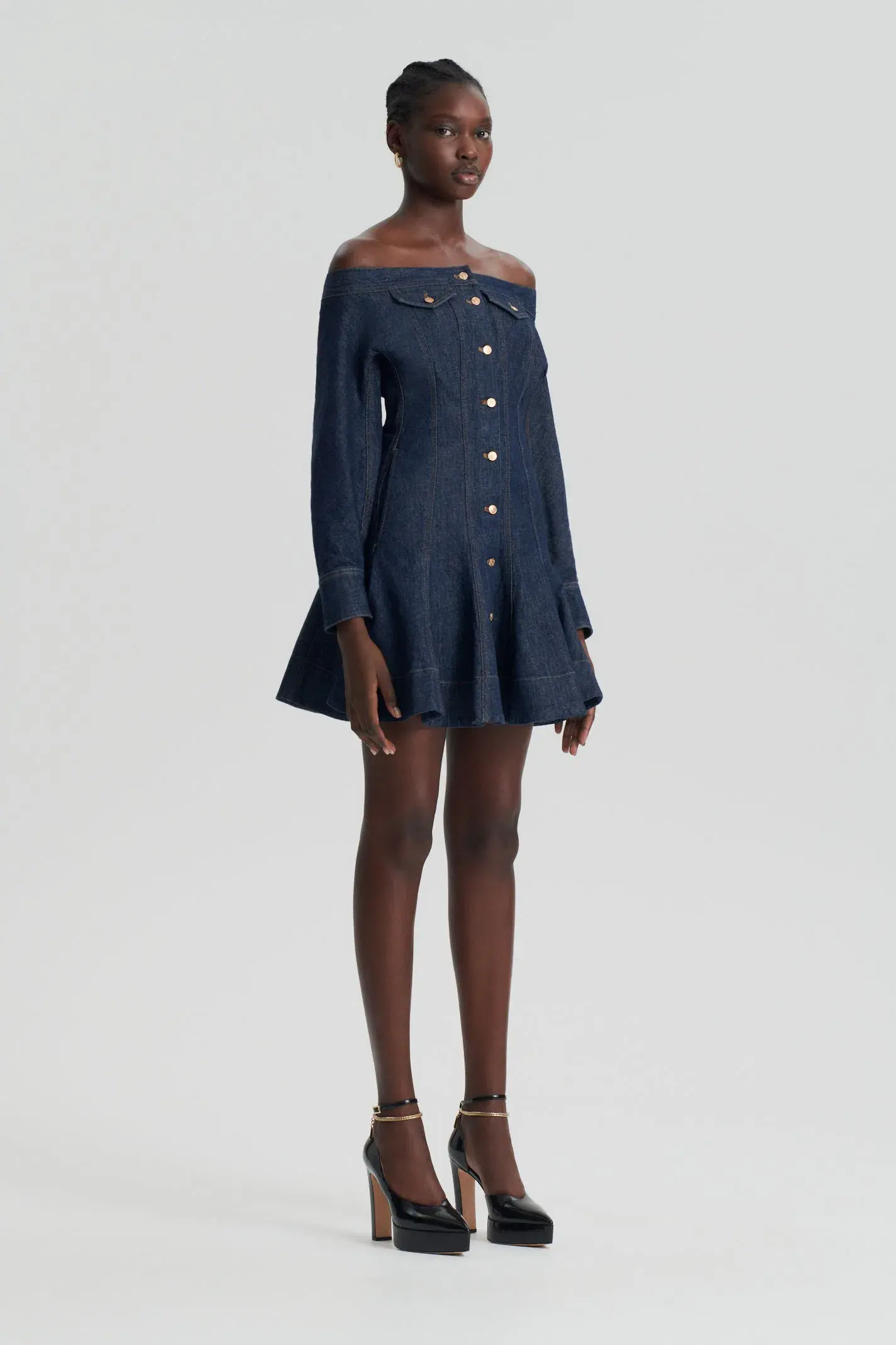 Scanlan Theodore Denim Skater Off Shoulder Mini Dress Indigo Size 8 - Image 1