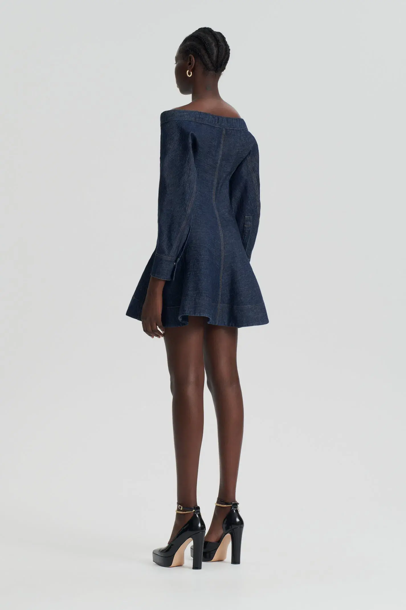 Scanlan Theodore Denim Skater Off Shoulder Mini Dress Indigo Size 8 - Image 3