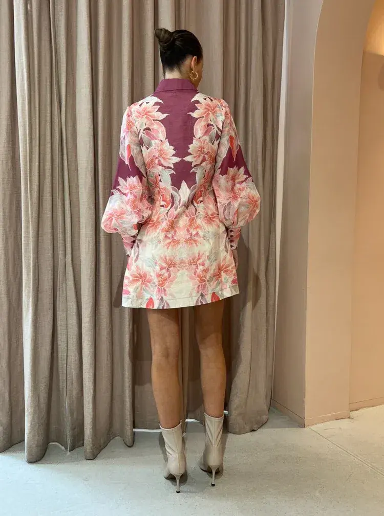 Leo Lin Luminous Silk Linen Mini Dress in Orient Print in Hibiscus Pink Size 10 for rent on The Volte - main image