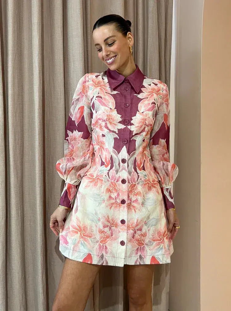 Leo Lin Luminous Silk Linen Mini Dress in Orient Print in Hibiscus Pink Size 10 - Image 2