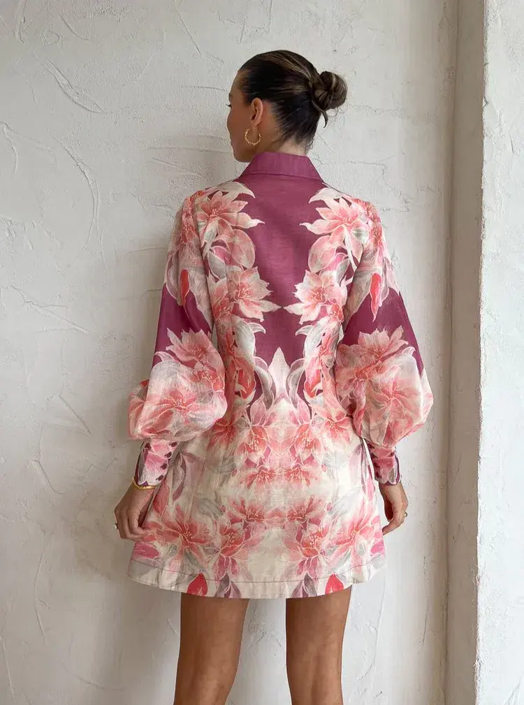 Leo Lin Luminous Silk Linen Mini Dress in Orient Print in Hibiscus Pink Size 10 - Image 6