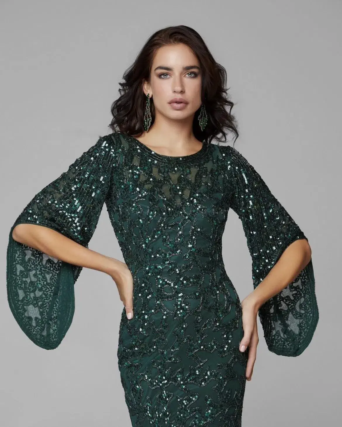 Primavera Couture 9713 Sheer Back Sequin Evening Dress Forest Green Size 12 - Image 2