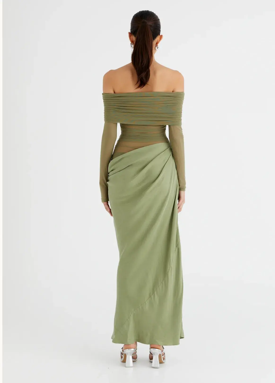 Benni Yasmin Off Shoulder Maxi Dress in Pistachio Size 8 - Image 3