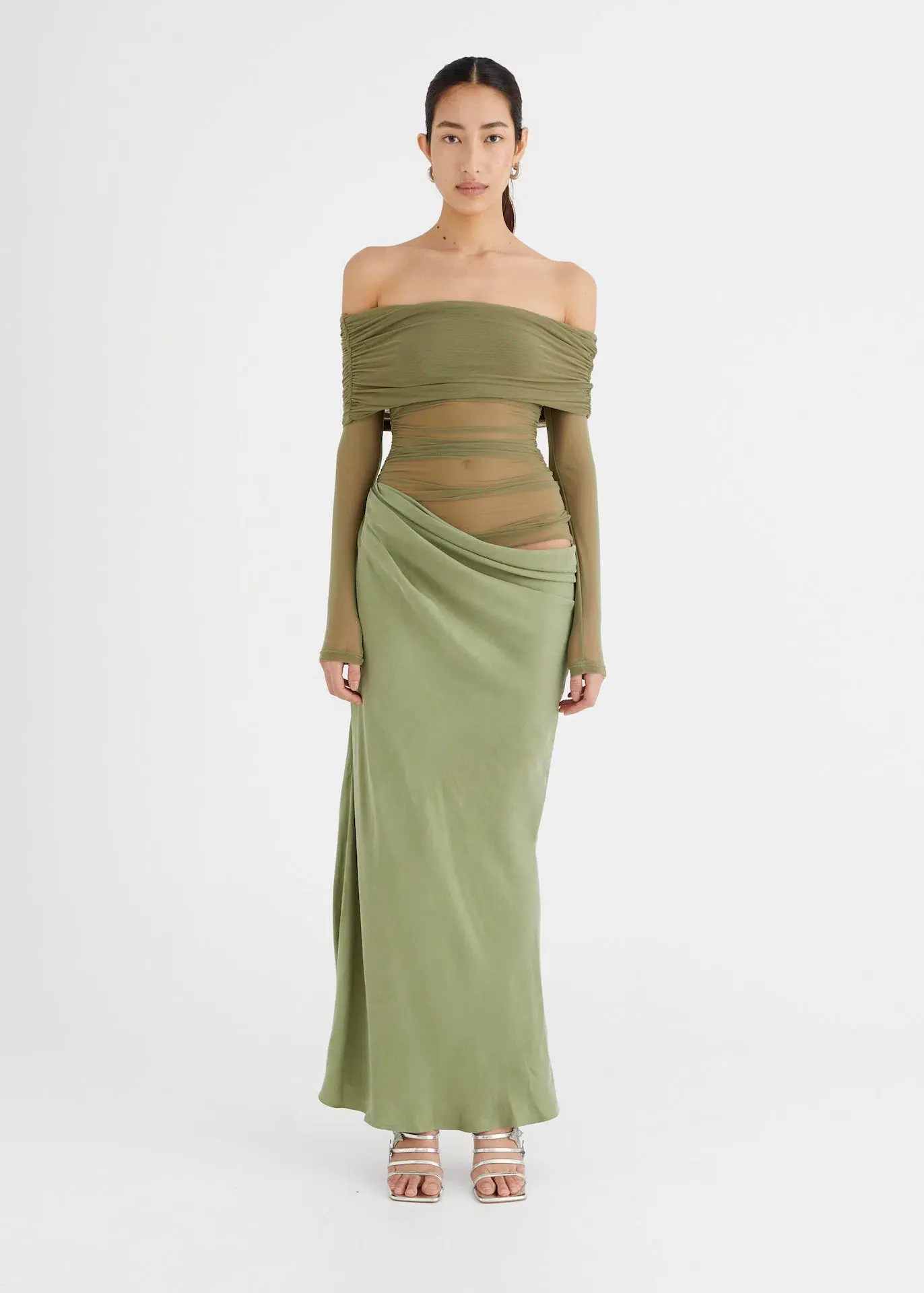 Benni Yasmin Off Shoulder Maxi Dress in Pistachio Size 8 - Image 1