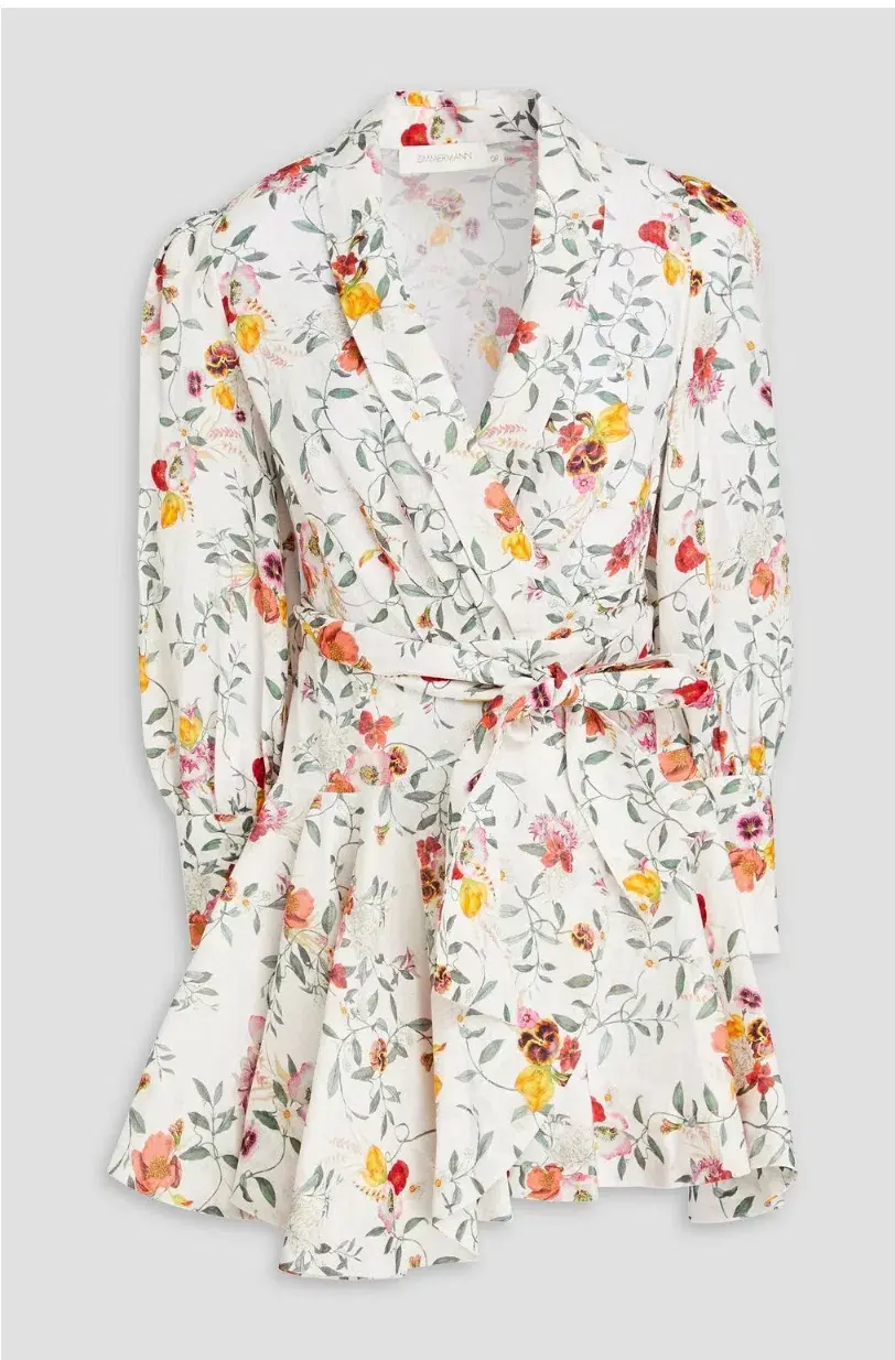 Zimmerman Pleated Linen Mini Wrap Dress Floral Print Size 1 / AU 10 - Image 3