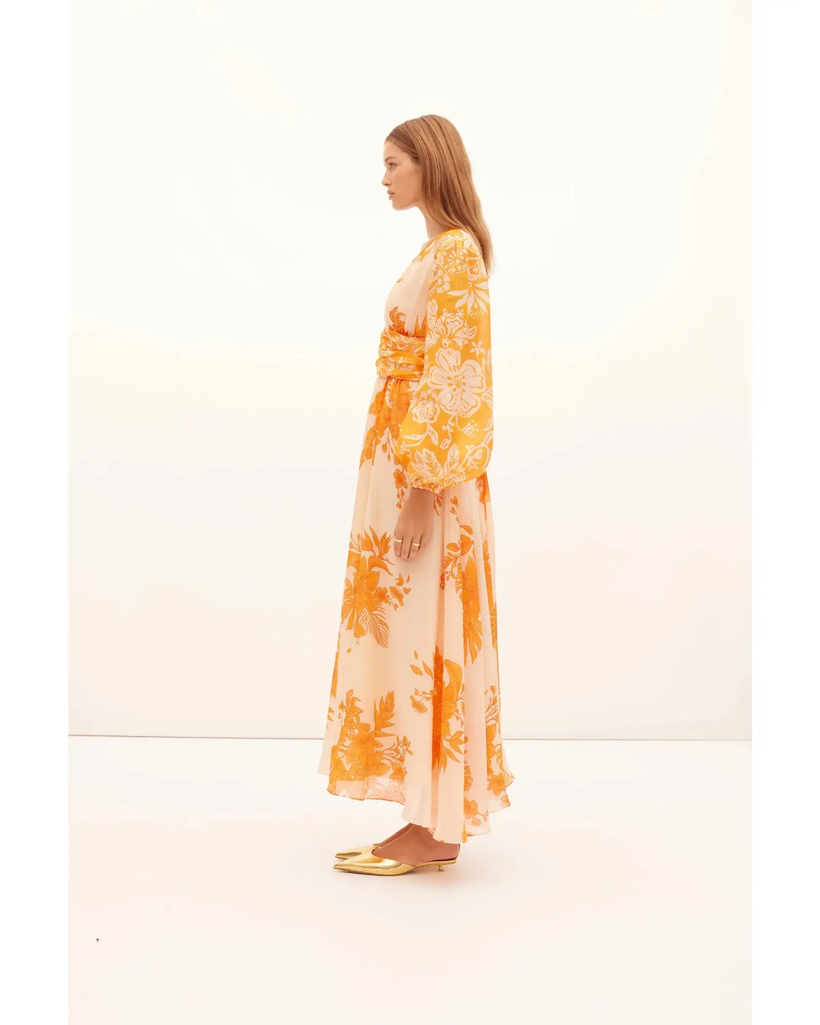 Kate Ford Hester Ruched Gown Orange Print Size AU 12 - Image 3