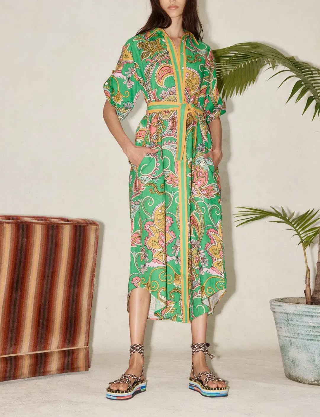 Alemais Marion Shirt Midi Dress Green Multi Size AU 12 - Image 1