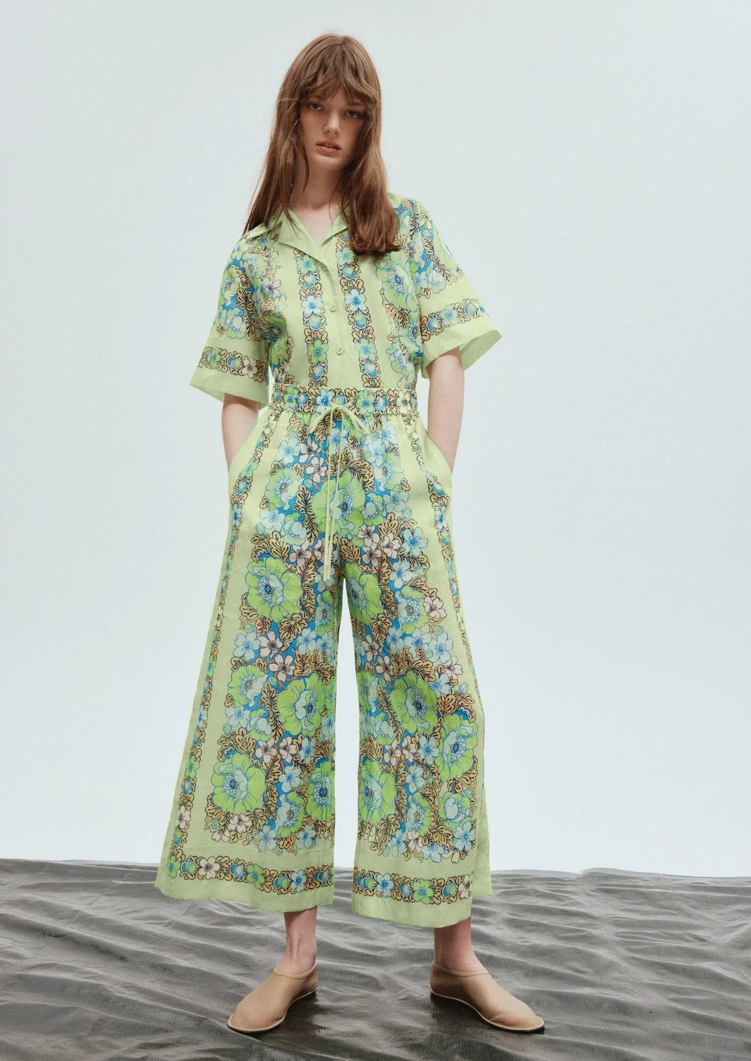Alemais Velma Oversized Linen Shirt and Pants Set Green Floral Size AU 16 - Image 1