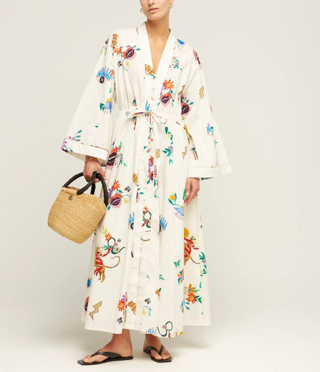 Alemais Meagan Cotton Poplin Kaftan Dress Cream Multi Size 12 - Image 1