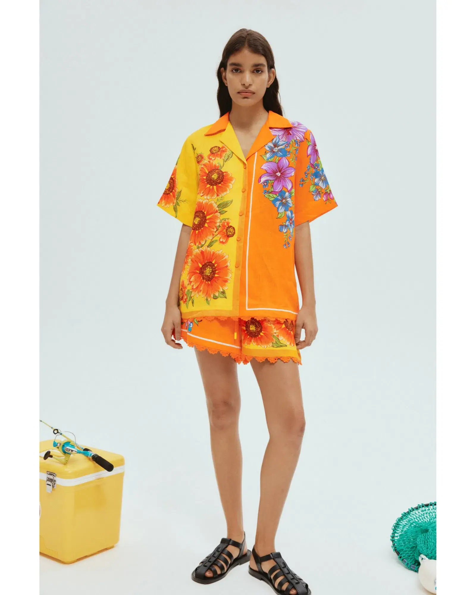 Alemais Jude Oversized Linen Shirt and Short Set Orange Floral Size AU 14 - Image 1