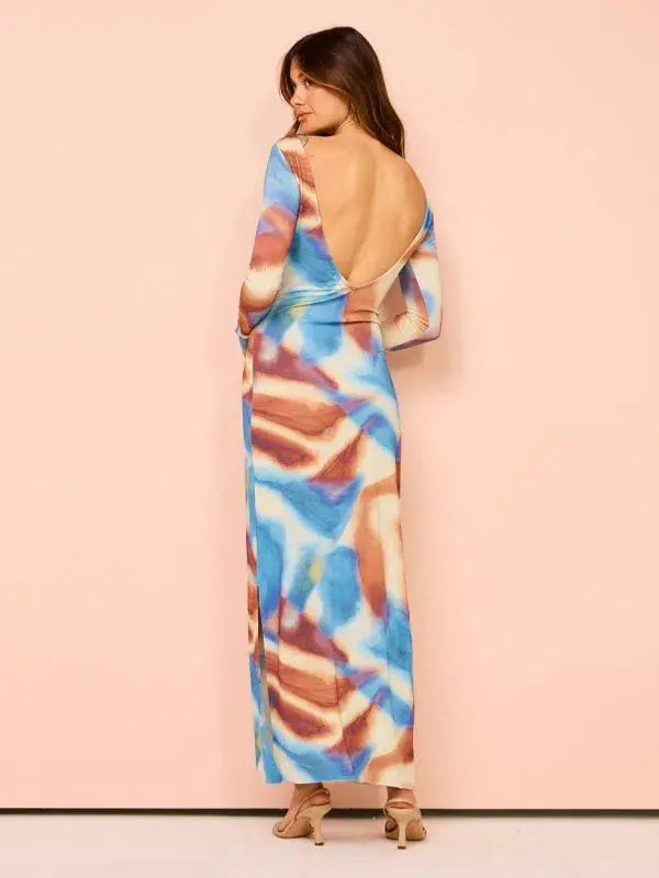Issy Long Sleeve Maxi Dress In Blue Marble Size 12 - Image 3