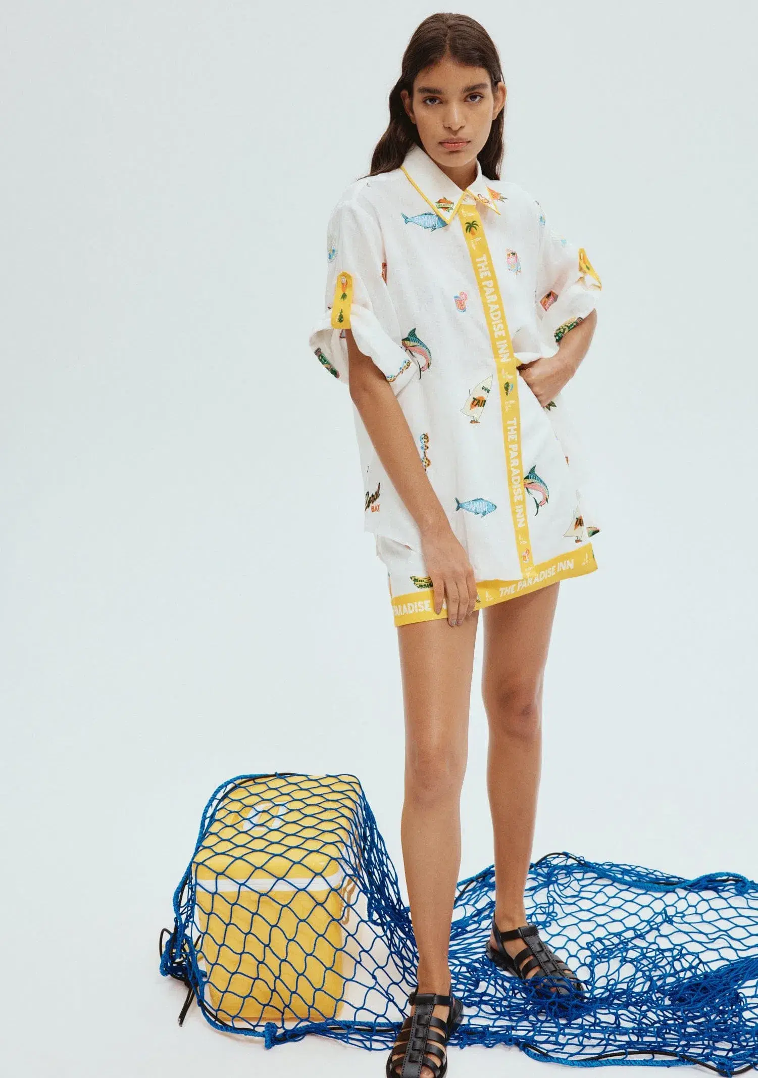 Alemais Blue Marlin Embroidered Shirt and Skirt Set Cream Multi Size 16 - Image 1