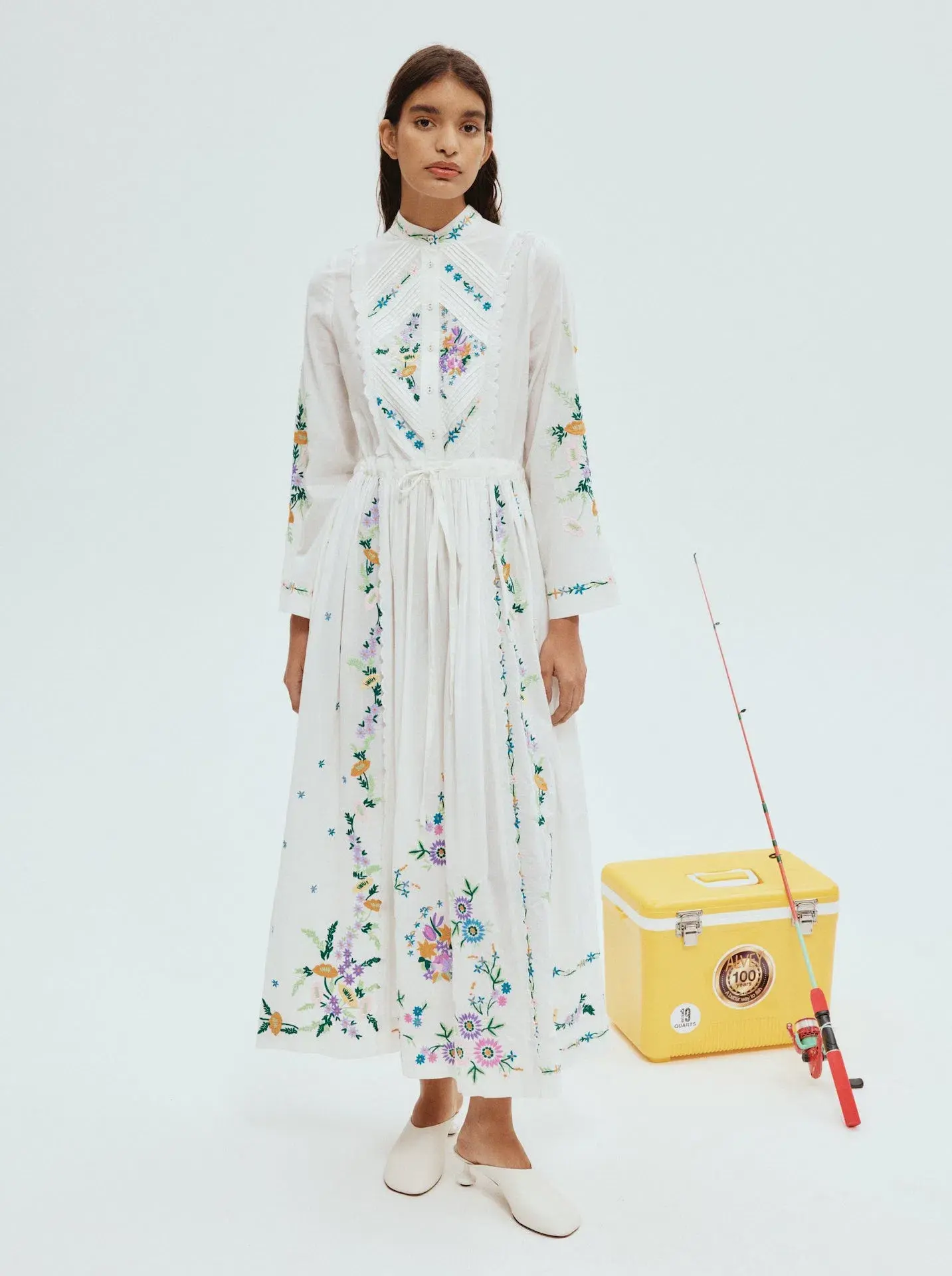 Alemais Willa Embroidered Midi Shirt Dress White Floral Size 16 - Image 1