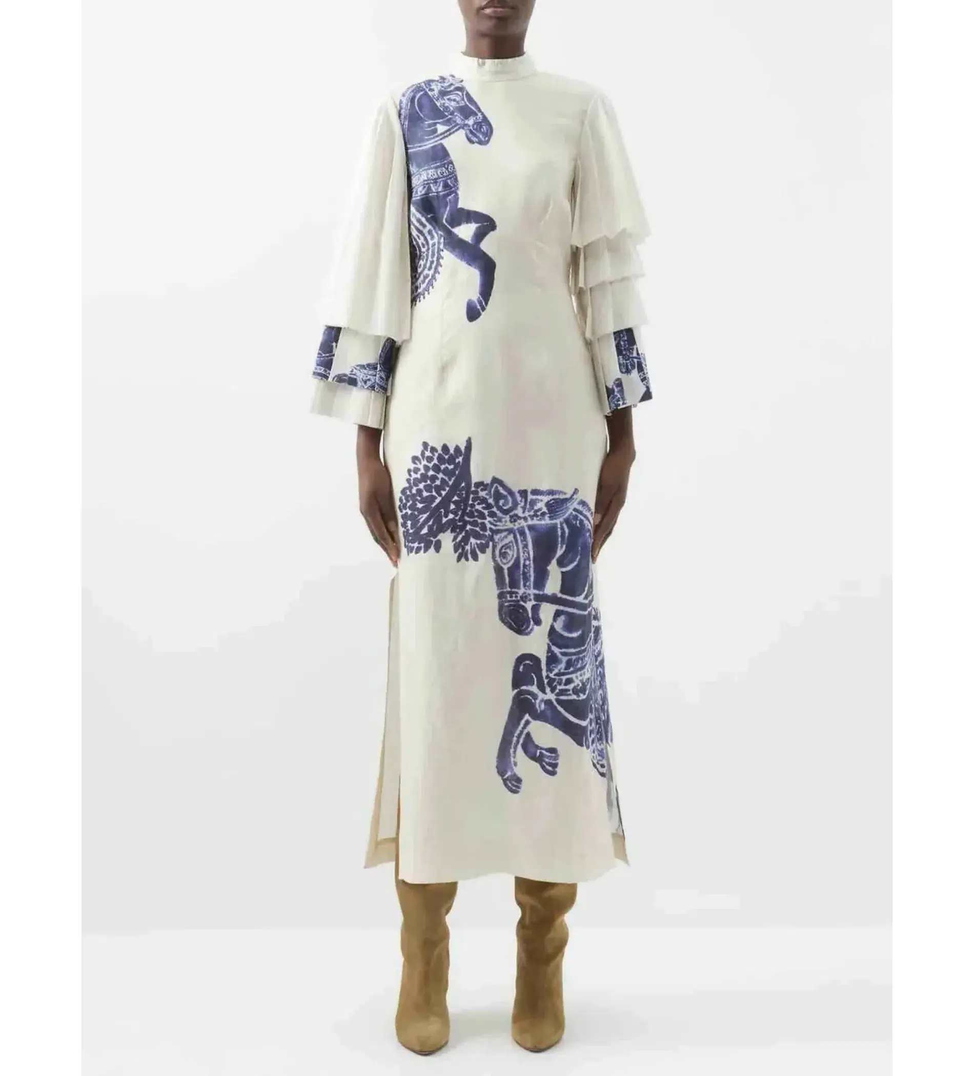 Alemais Blue Rider Pleat Sleeve Midi Dress Cream Print Size 14 - Image 1
