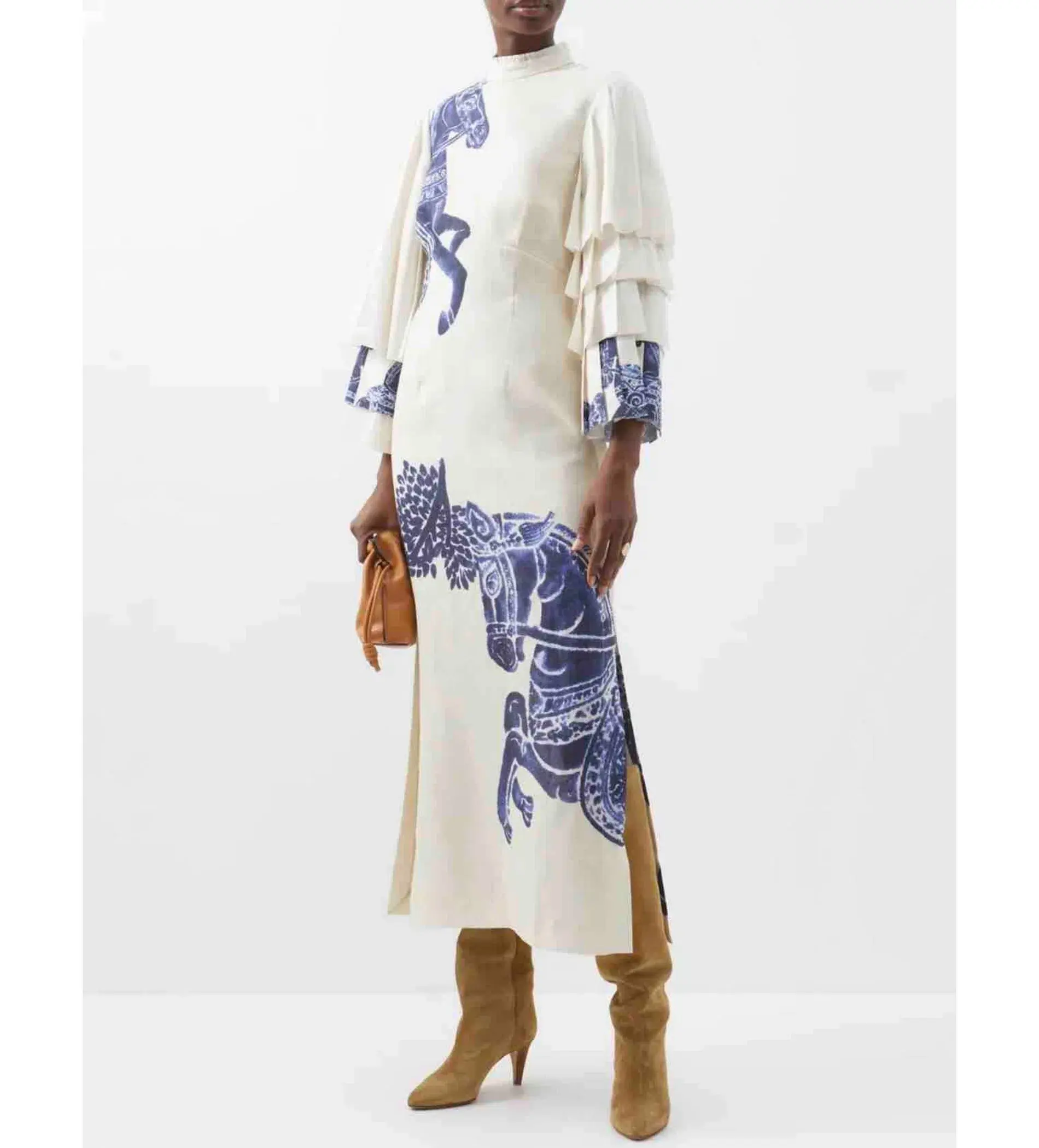 Alemais Blue Rider Pleat Sleeve Midi Dress Cream Print Size 14 - Image 2