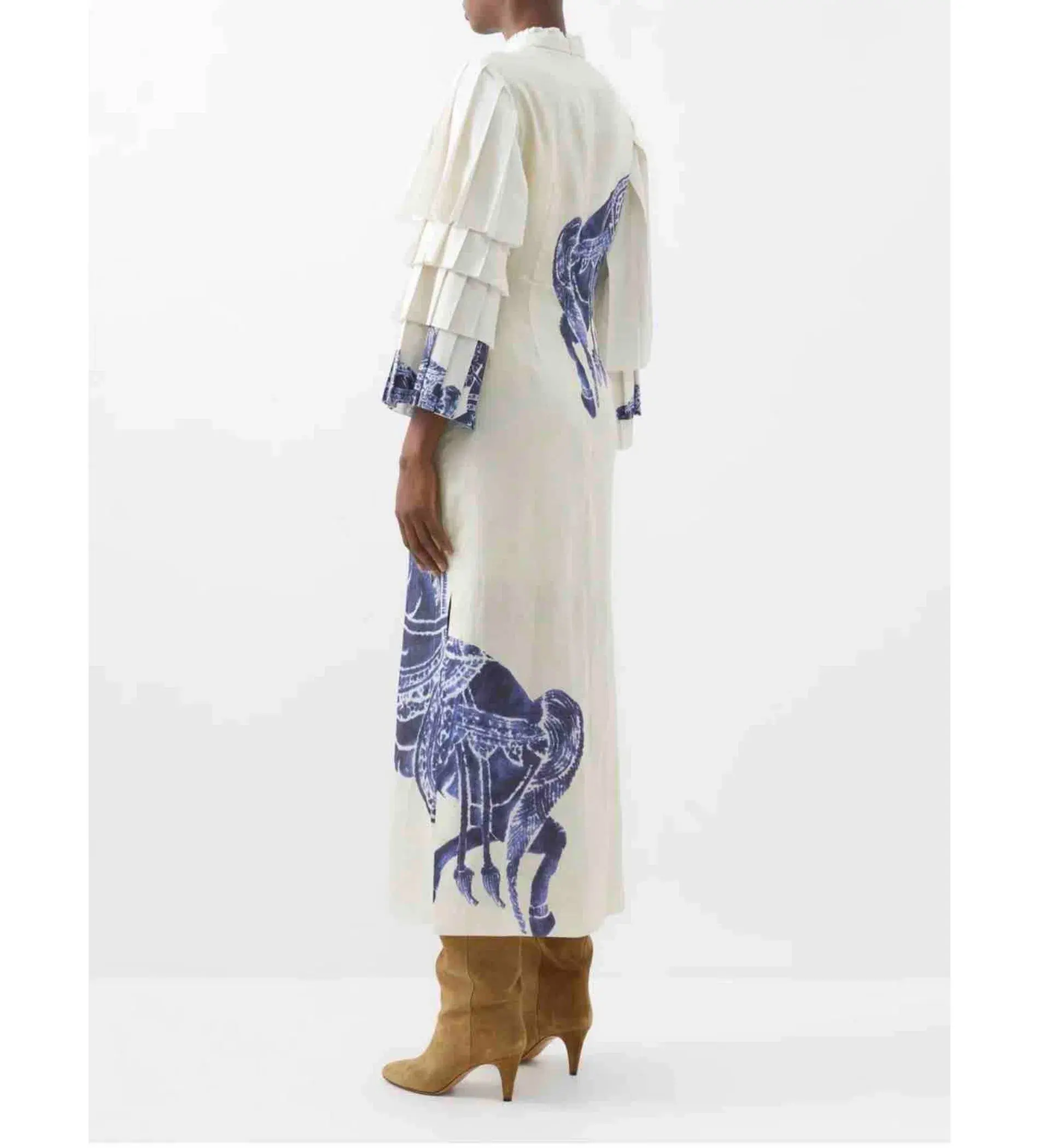 Alemais Blue Rider Pleat Sleeve Midi Dress Cream Print Size 14 - Image 3