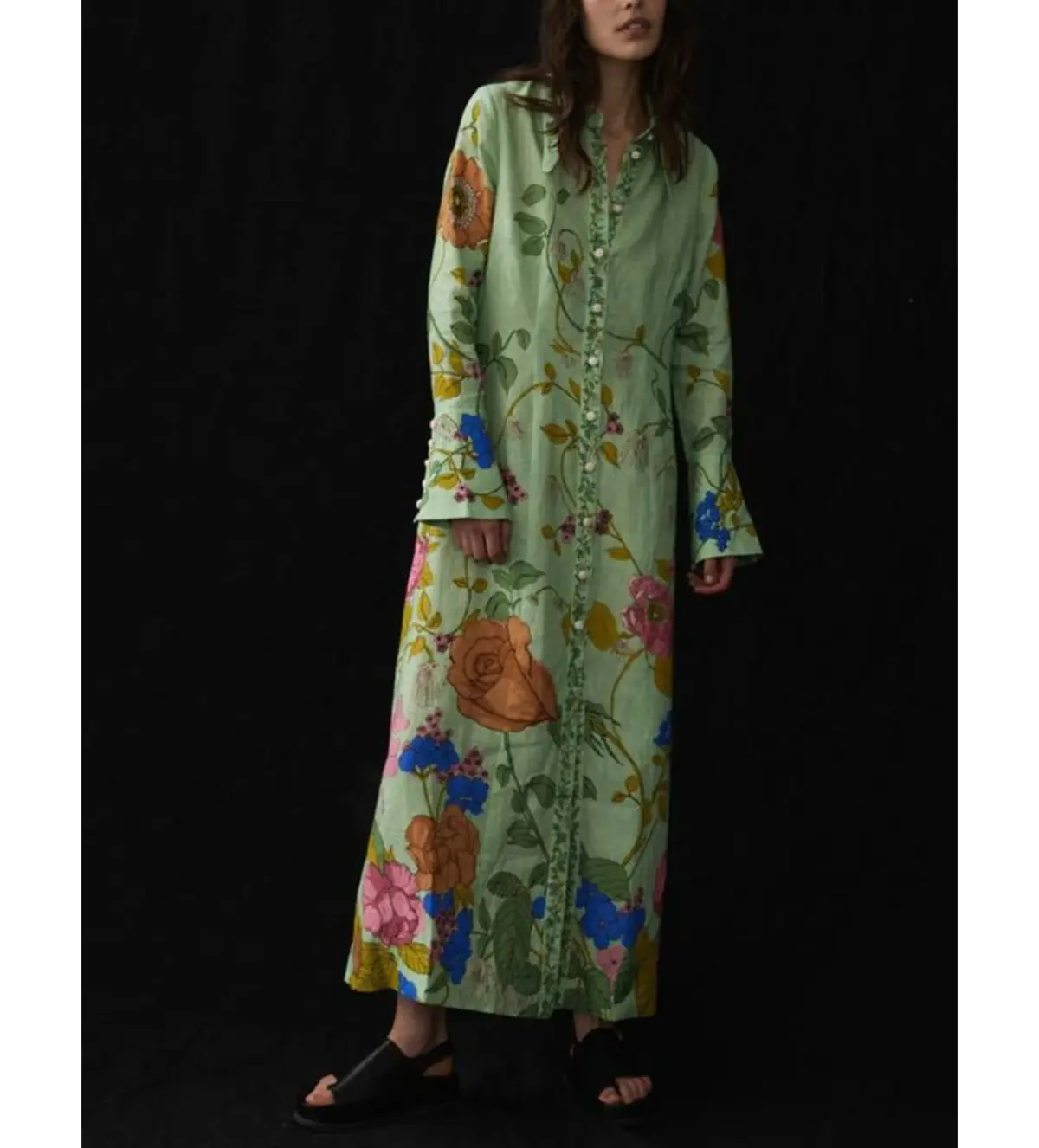 Alemais Olivia Floral Linen Maxi Shirt Dress Green Size 16 - Image 3