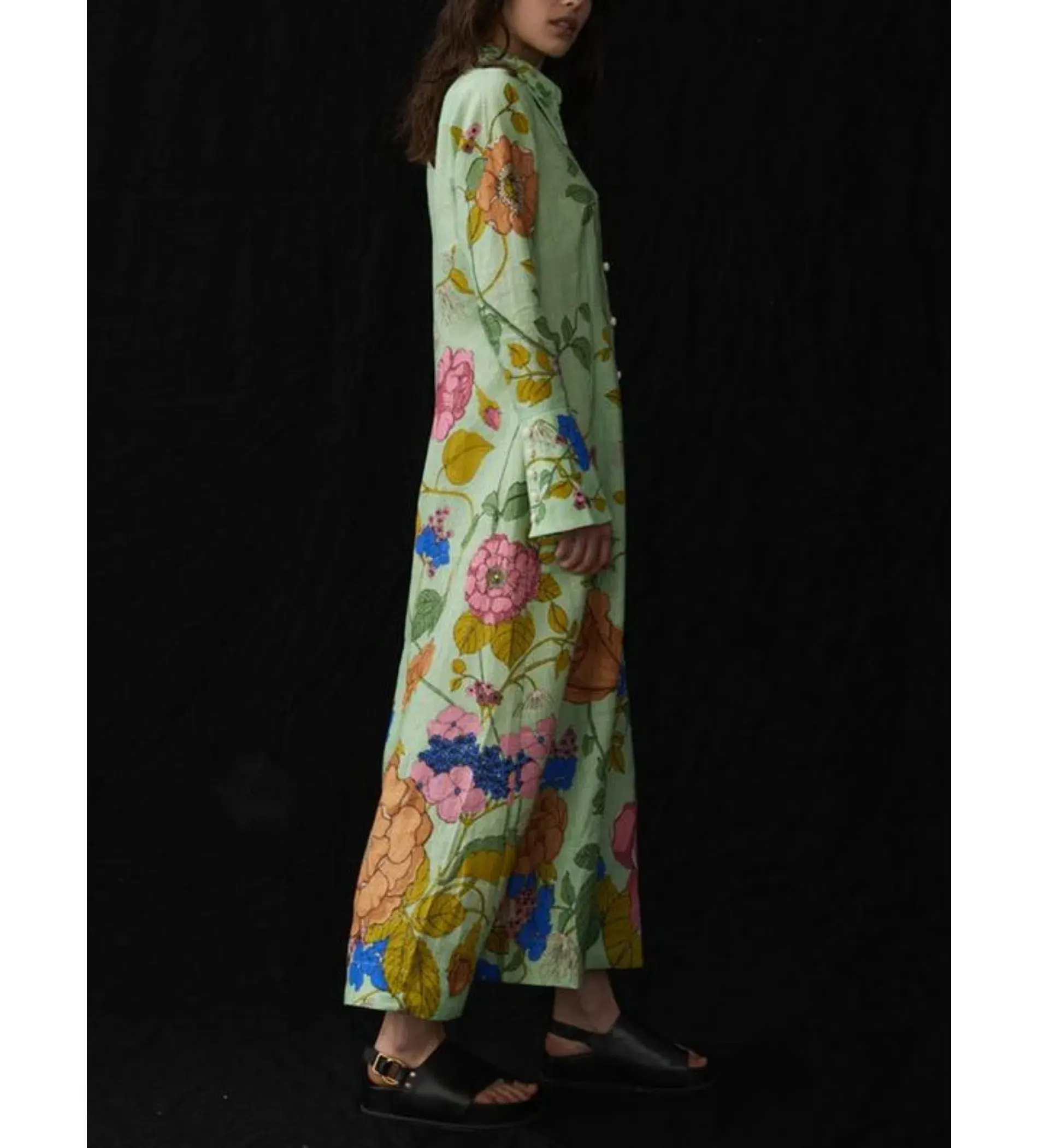 Alemais Olivia Floral Linen Maxi Shirt Dress Green Size 16 - Image 4
