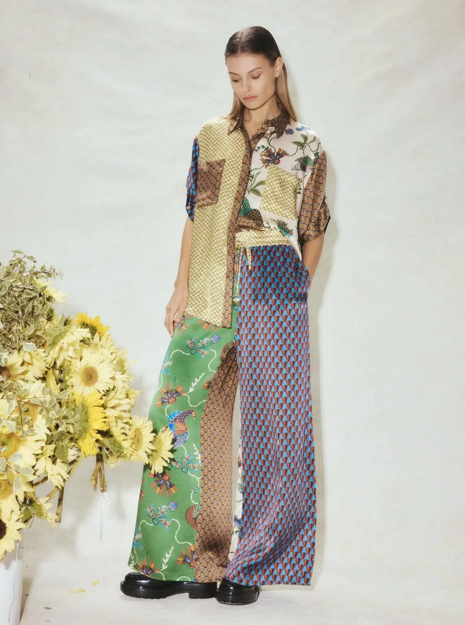 Alemais Birdie Spliced Silk Shirt and Pants Set Multi Print Size 14 - Image 1