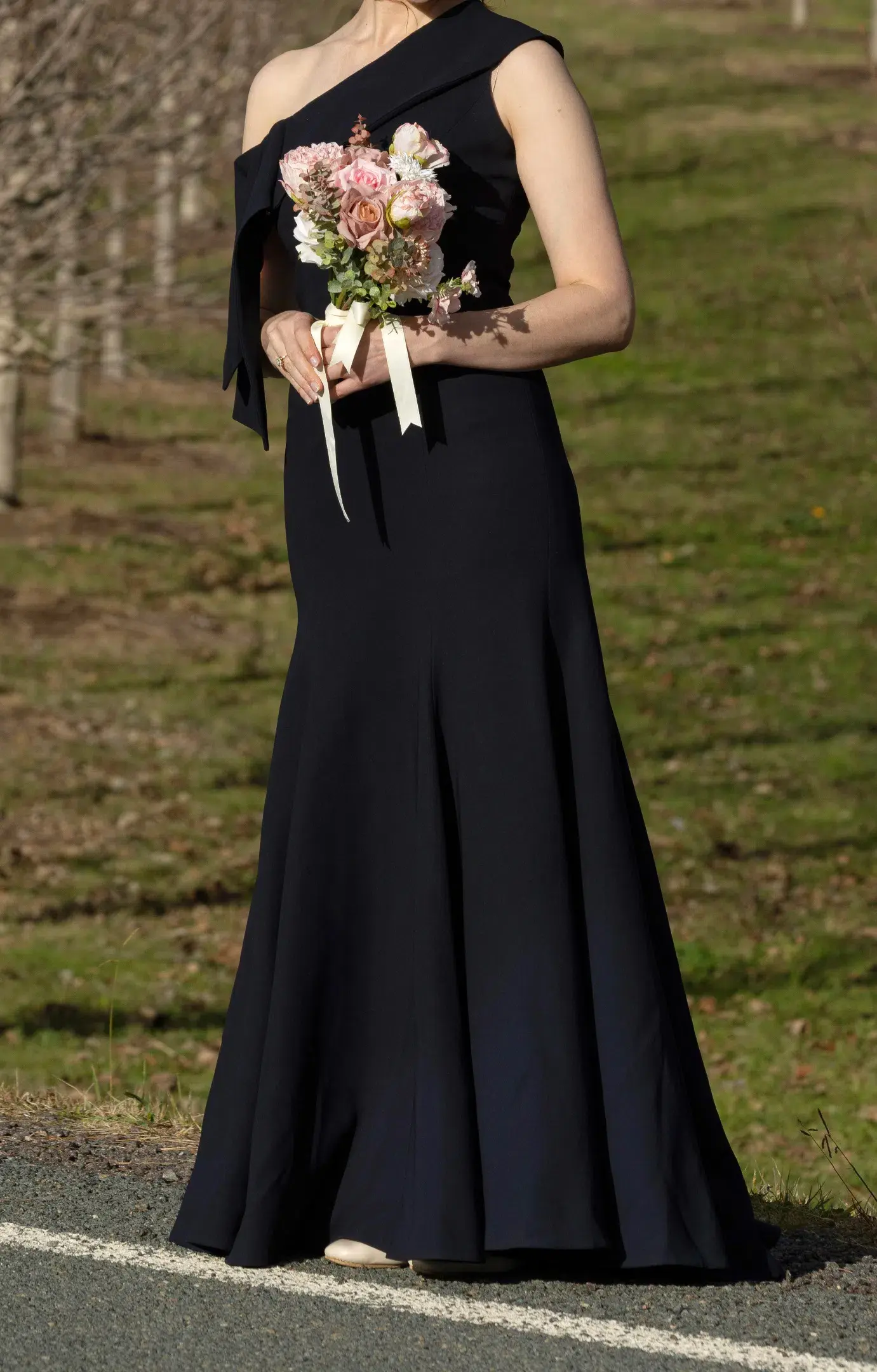 Carla Zampatti Crepe Fascia Asymmetrical Floor Length Gown  Navy Size 8 - Image 1