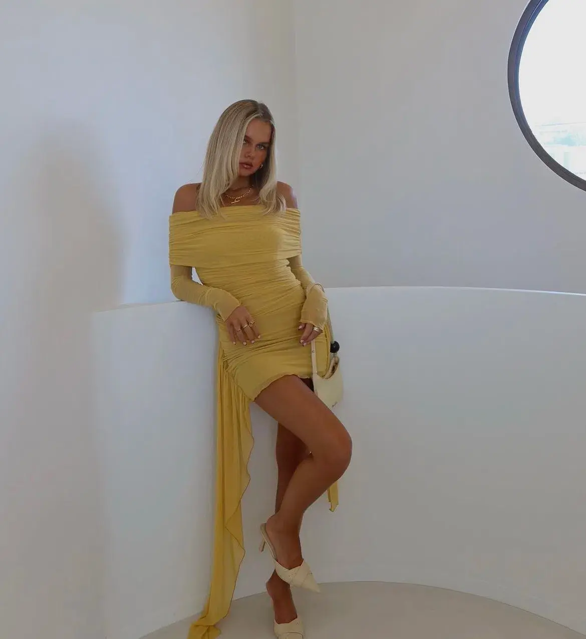 Benni Yasmin Off Shoulder Mini Dress Yellow Size 8 - Image 1