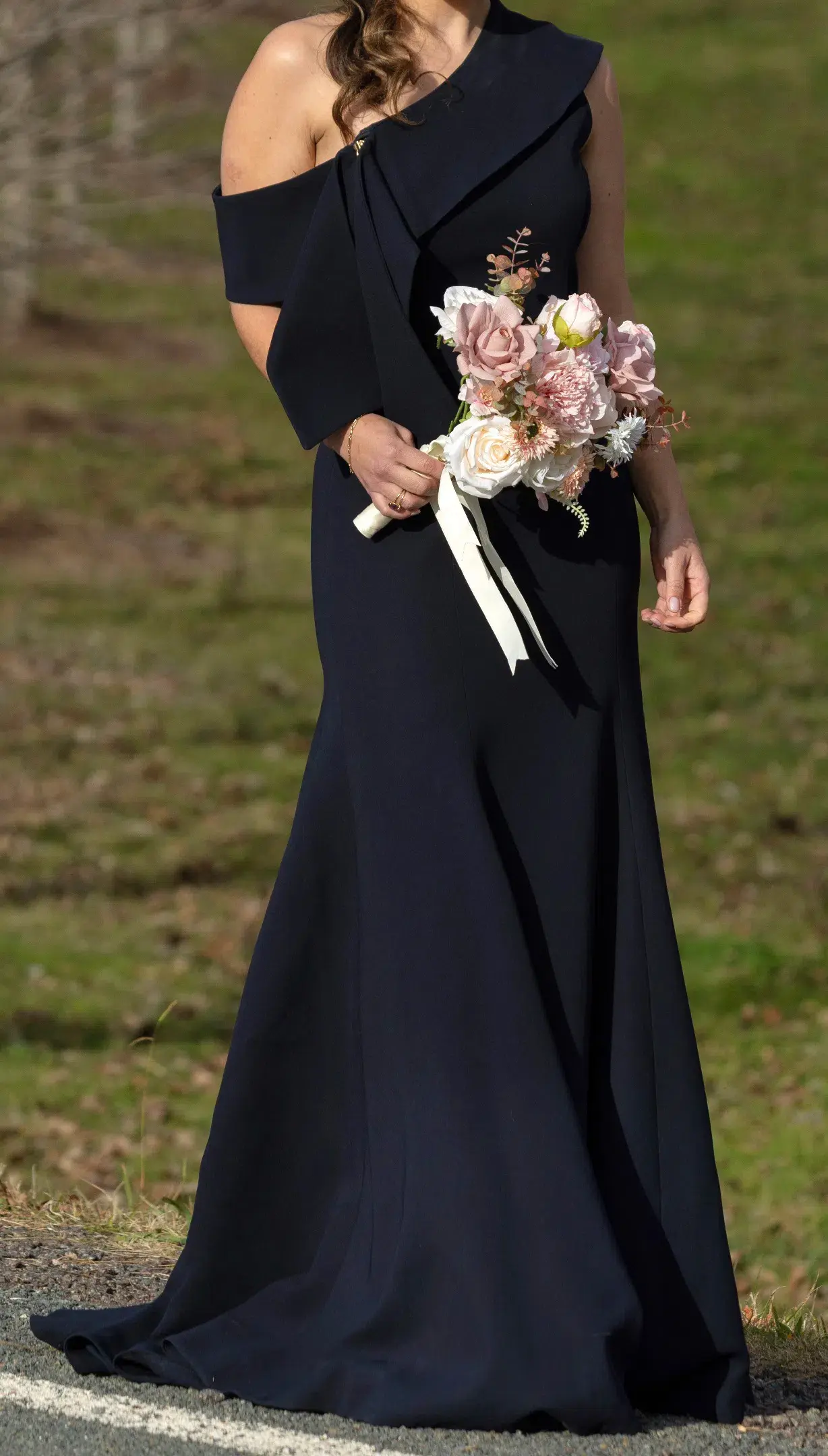 Carla Zampatti Crepe Fascia Asymmetrical Floor Length Gown Navy Size 8 - Image 1
