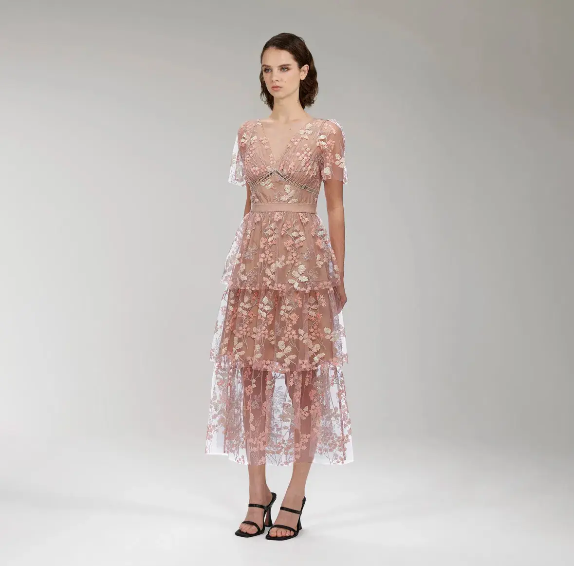 Self Portrait Flower Mesh Tiered Midi Dress Pink Size 12 - Image 2