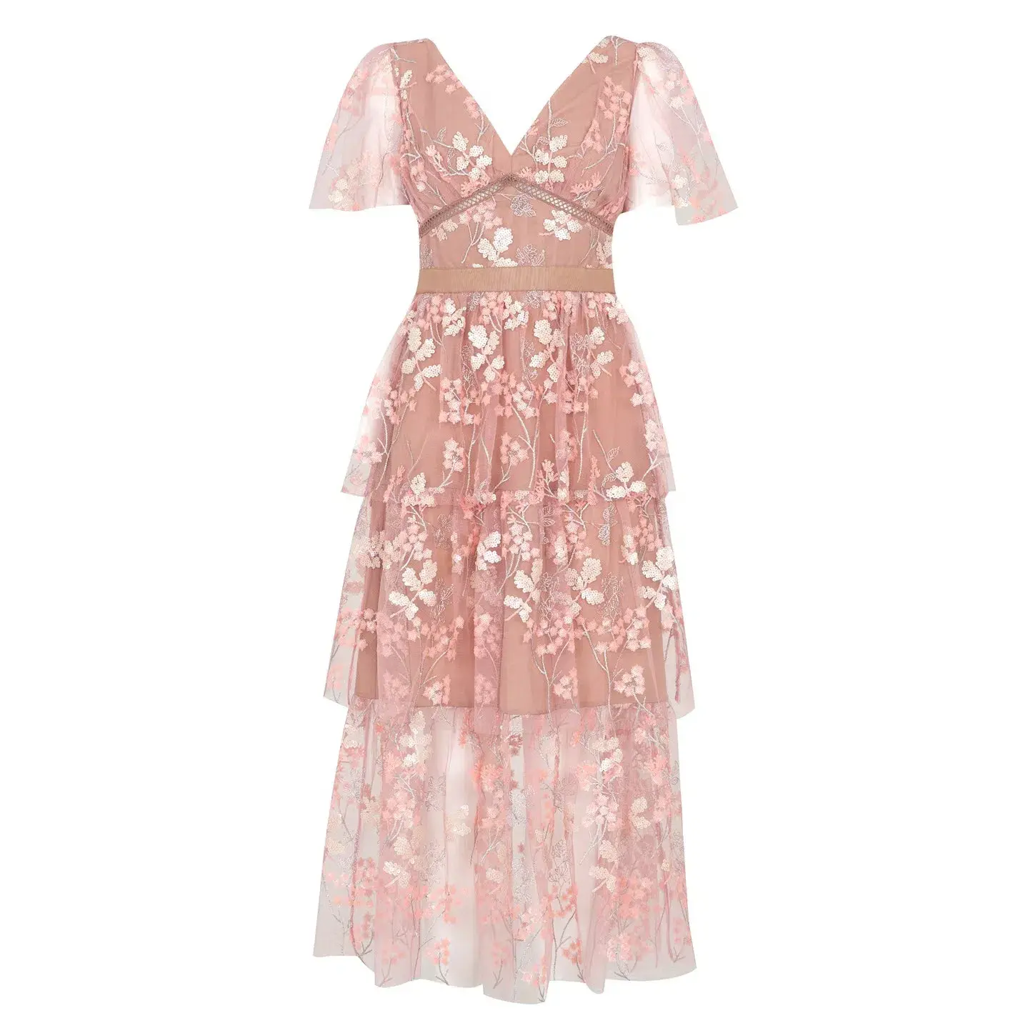 Self Portrait Flower Mesh Tiered Midi Dress Pink Size 12 - Image 4
