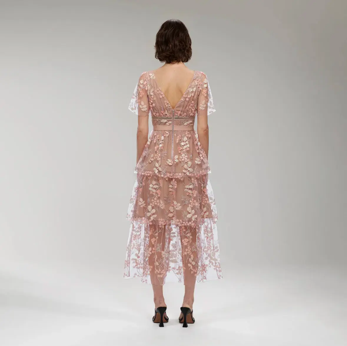 Self Portrait Flower Mesh Tiered Midi Dress Pink Size 12 - Image 3