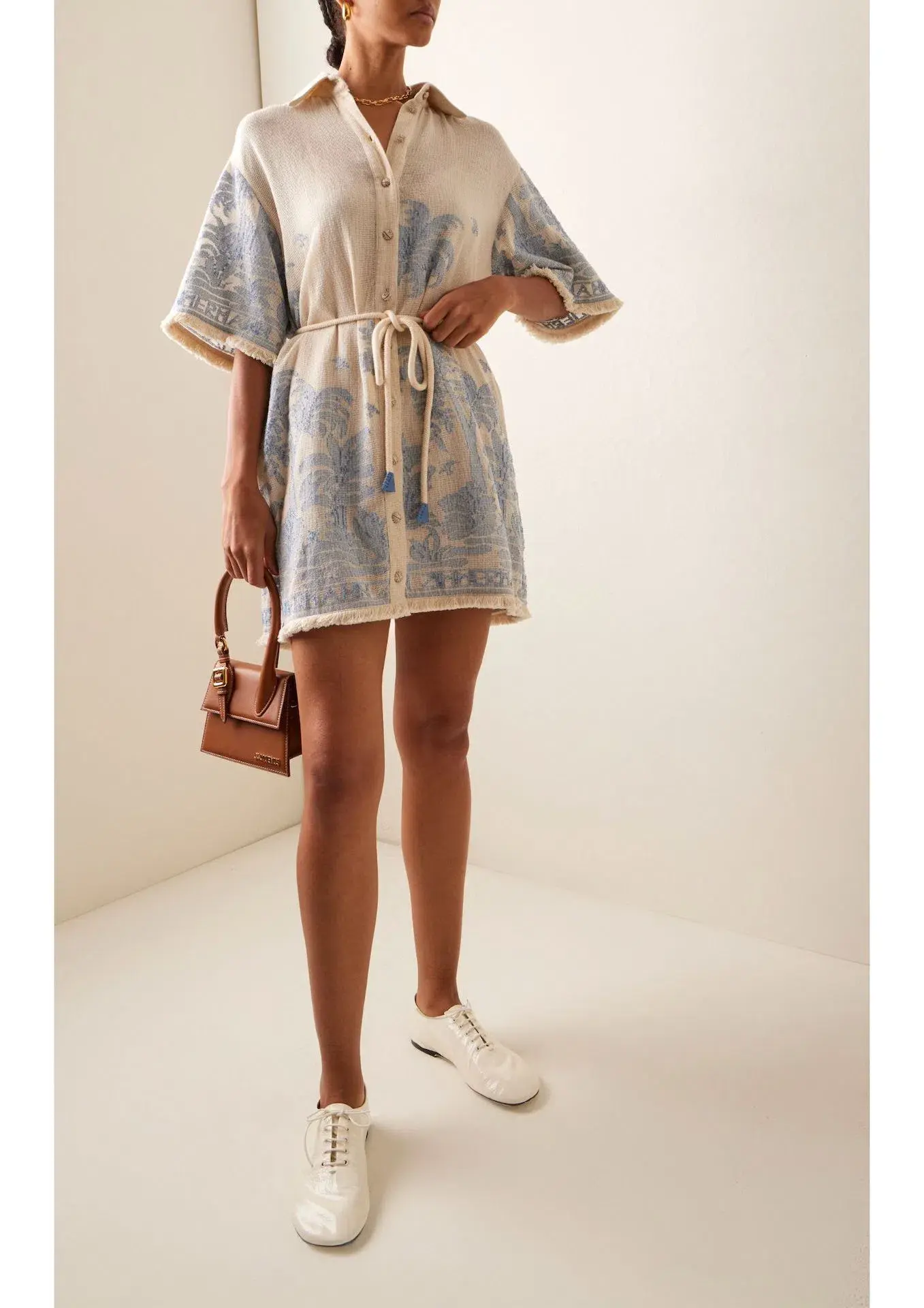 Zimmermann Ottie Palm Mini Shirt Dress Cream/Blue Size 0 / AU 8  - Image 1