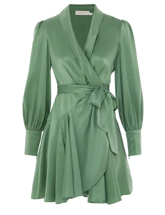 Zimmermann Silk Wrap Mini Dress Matcha Size 0/AU 8 for rent on The Volte - main image