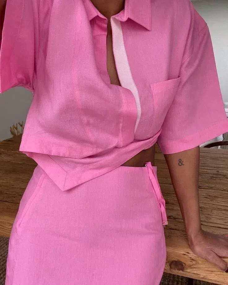 Jacquemus Capri Asymmetric Cropped Twisted Linen Shirt / Cutout Draped Linen Mini Skirt In Pink Size 6 - Image 3