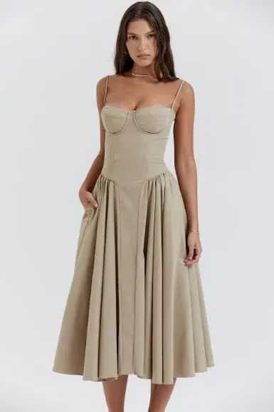 House of CB Samaria Corset Midi Dress Taupe Size 6 - Image 2