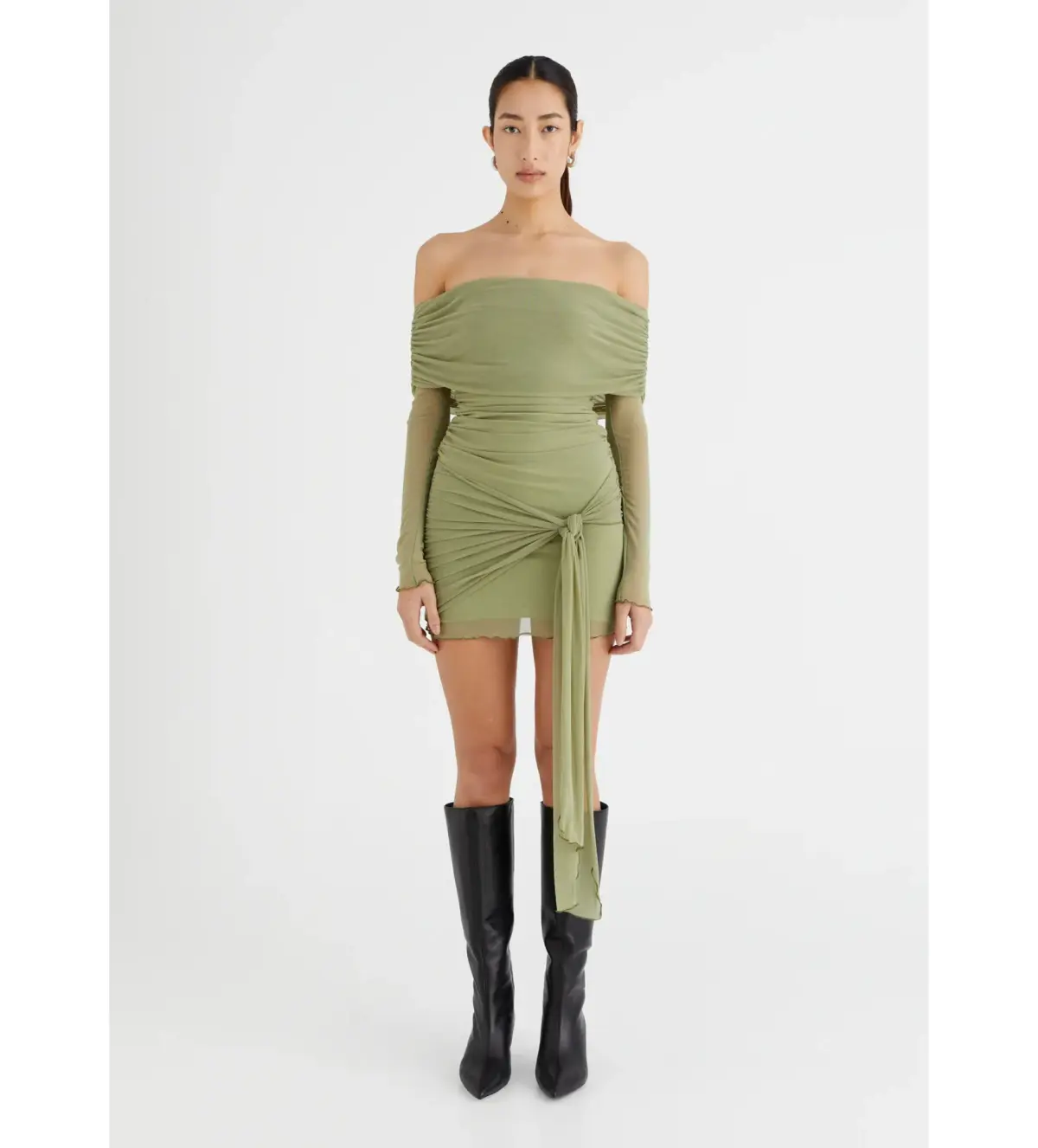 BENNI Yasmin Off Shoulder Mini Dress in Pistachio Size XS/AU 6 - Image 1
